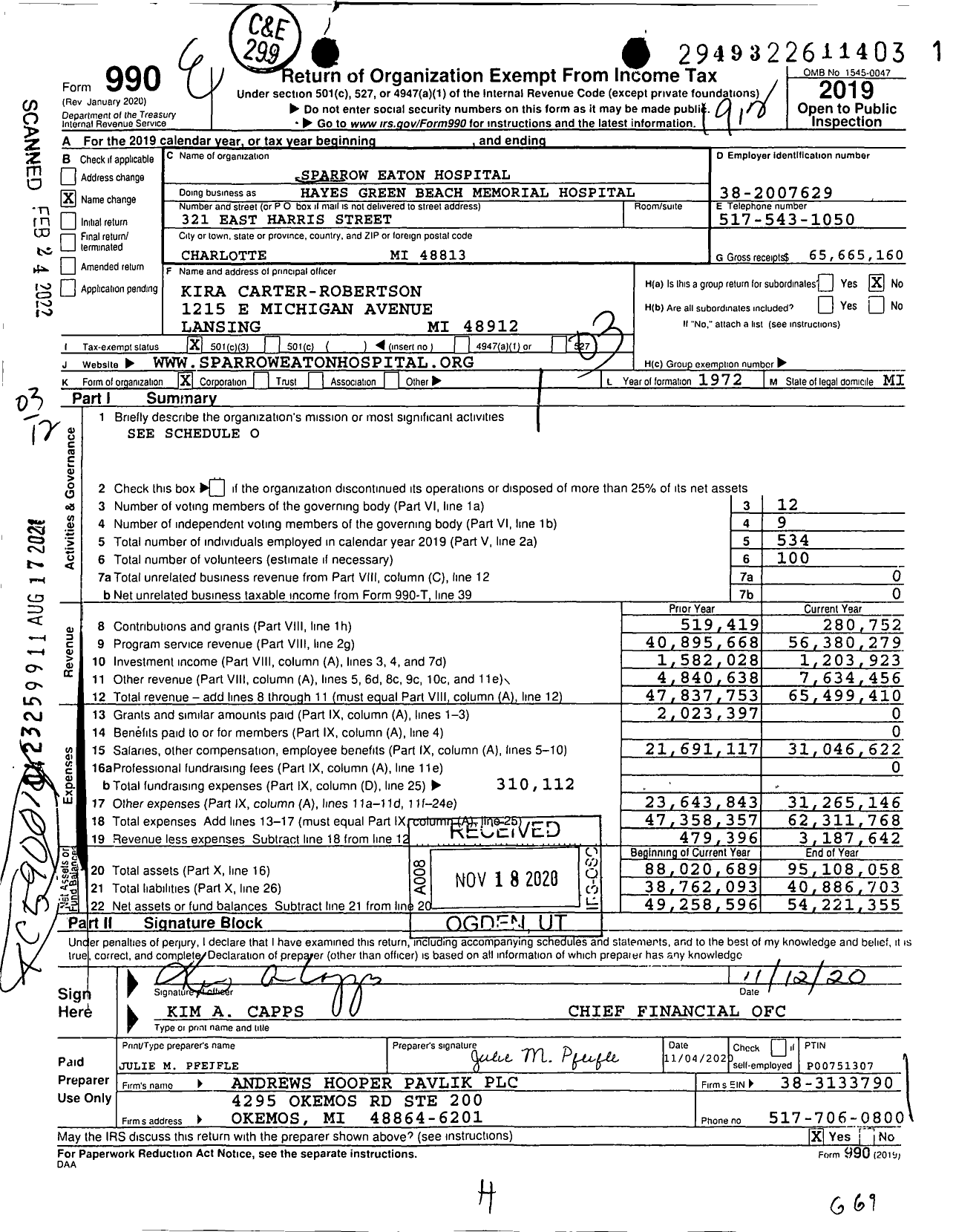 Image of first page of 2019 Form 990 for Univ of Mi Health - Sparrow Eaton (HGB)