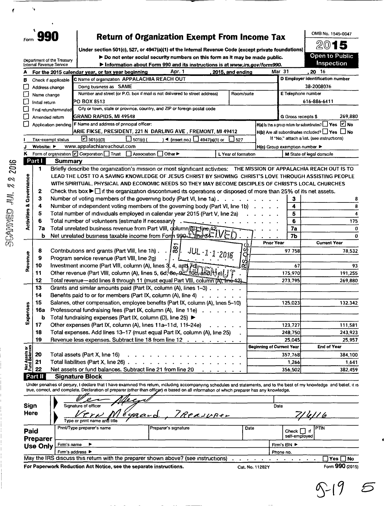 Image of first page of 2015 Form 990 for Appalachia Reach Out