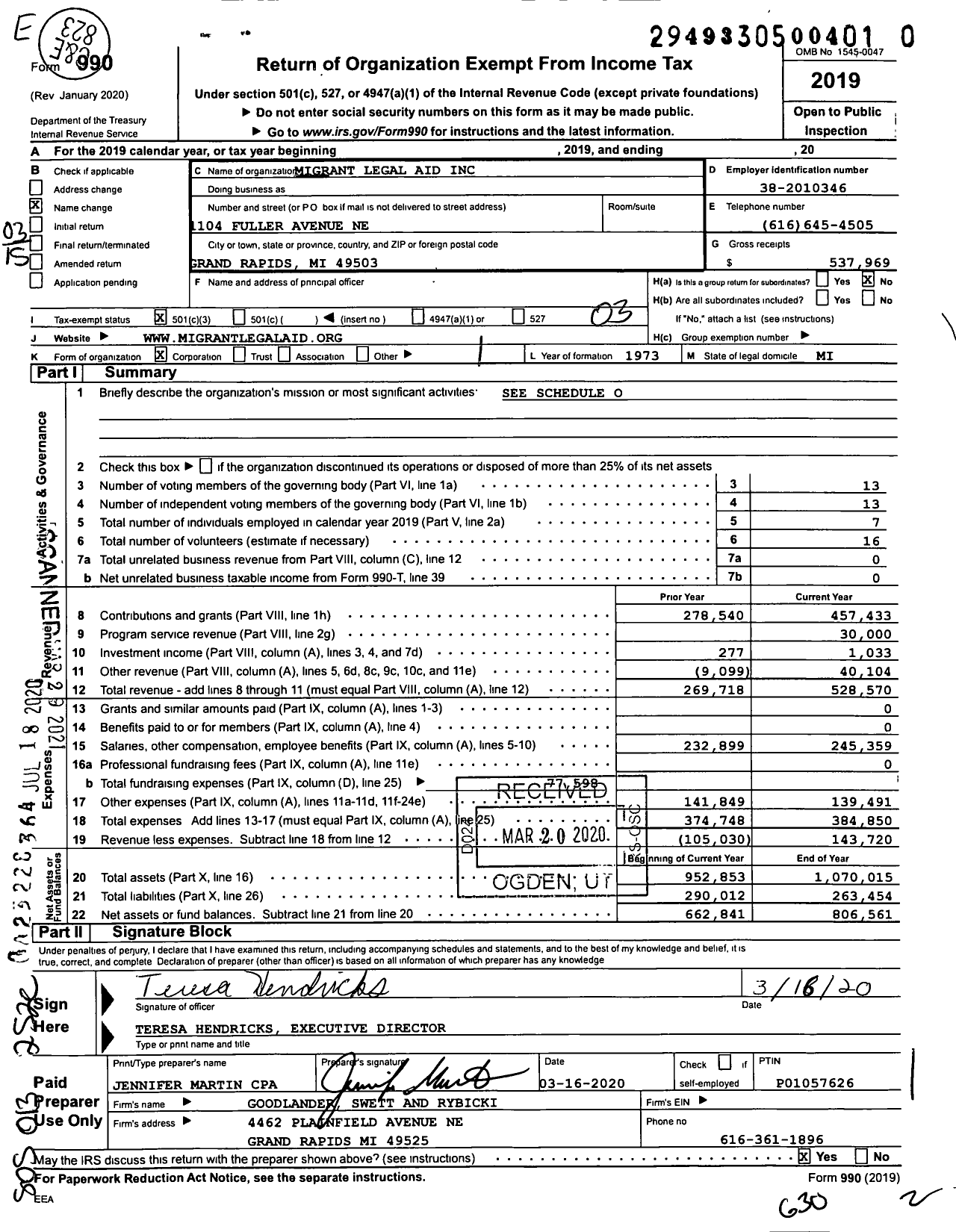 Image of first page of 2019 Form 990 for Migrant Legal Aid