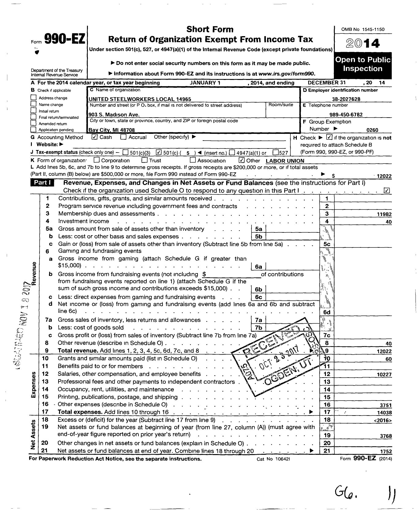 Image of first page of 2014 Form 990EO for United Steelworkers - 14965 USW Local