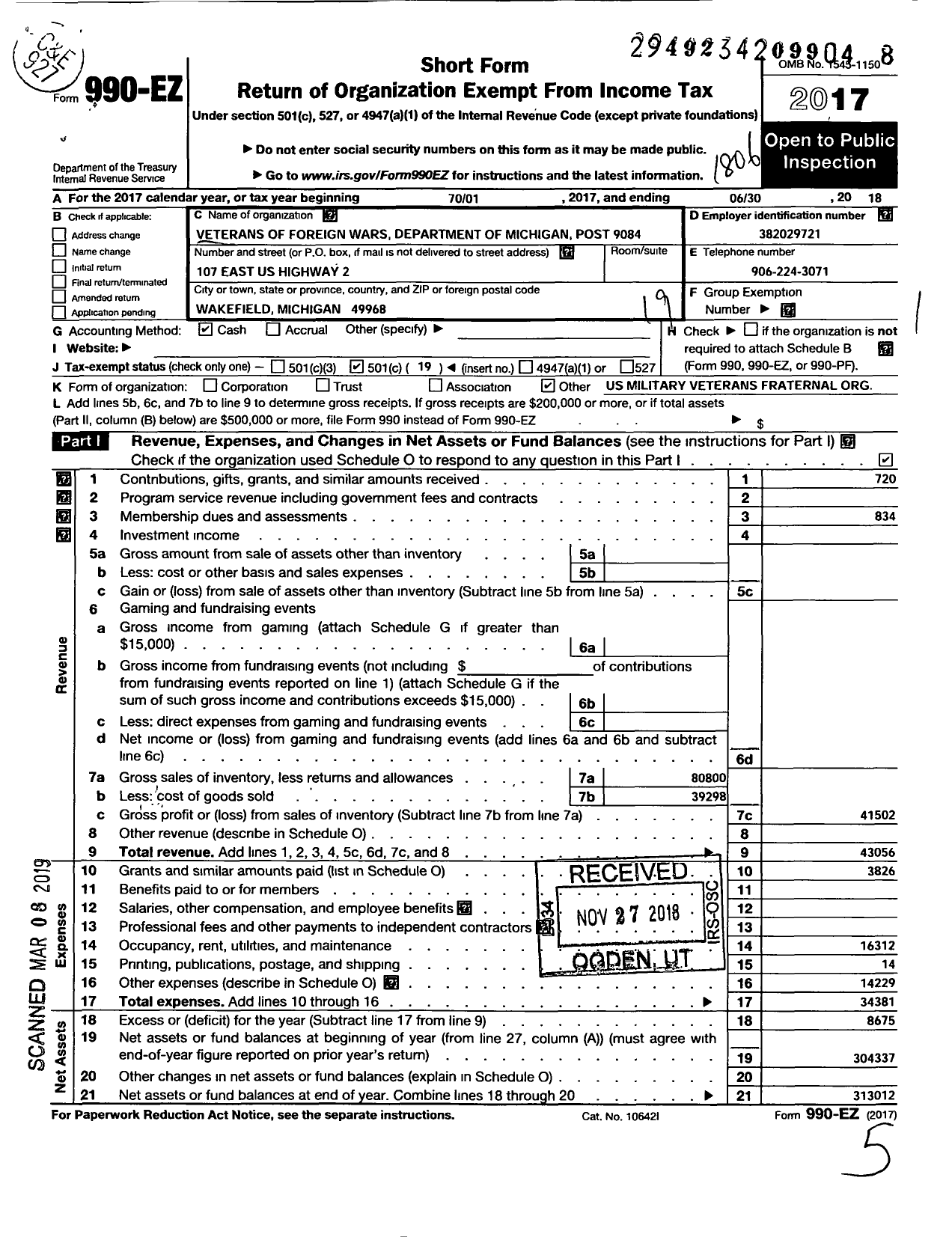 Image of first page of 2017 Form 990EO for VFW Department of Michigan - Dist 15 9084 Wakefield