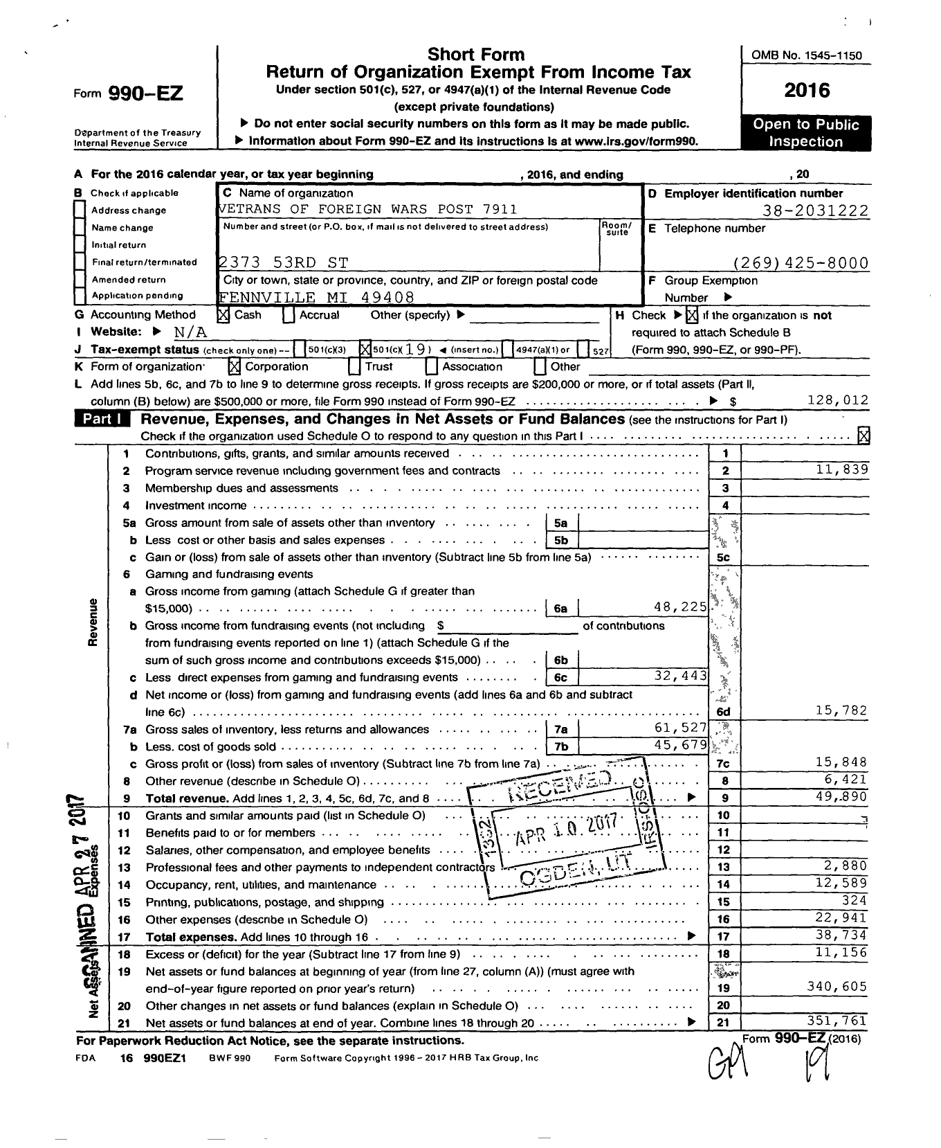 Image of first page of 2016 Form 990EO for VFW Department of Michigan - 7911 Dist 8 Clyde Manlius