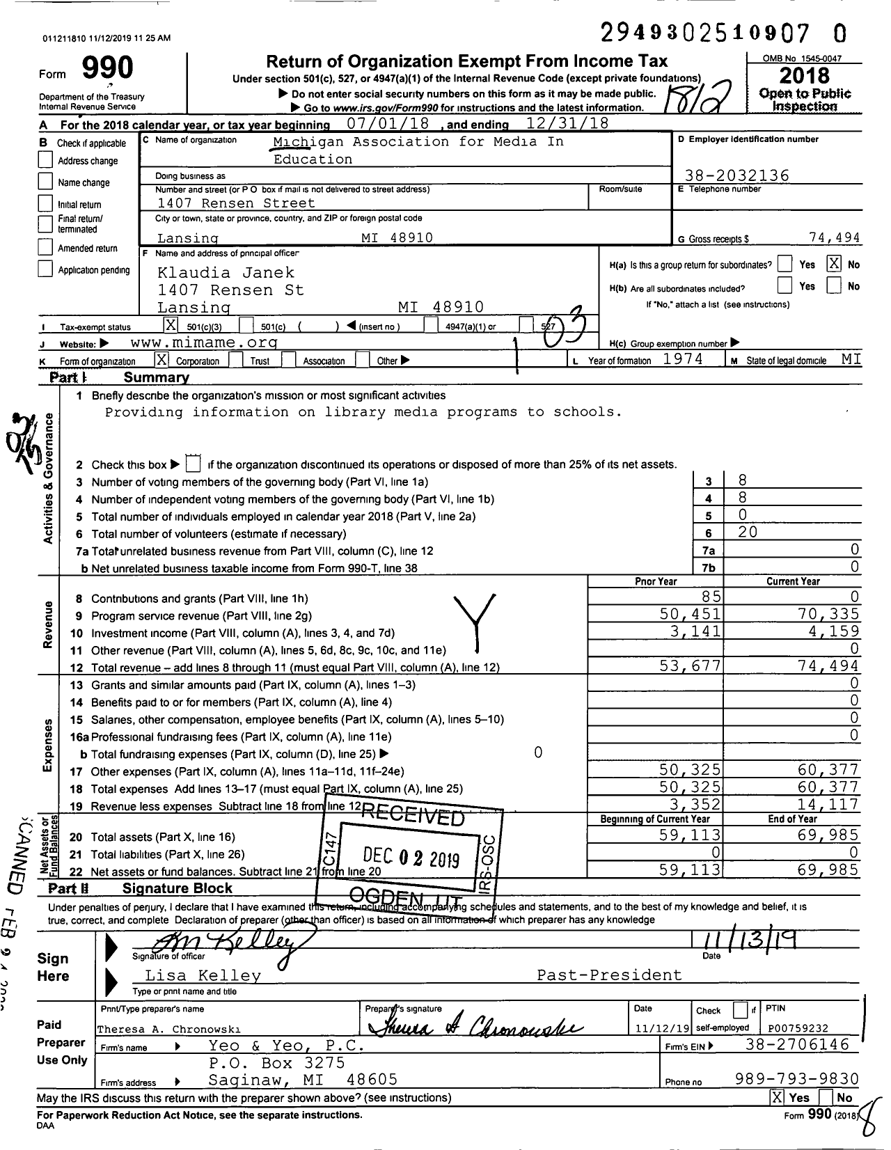 Image of first page of 2018 Form 990 for Michigan Association of School Librarians