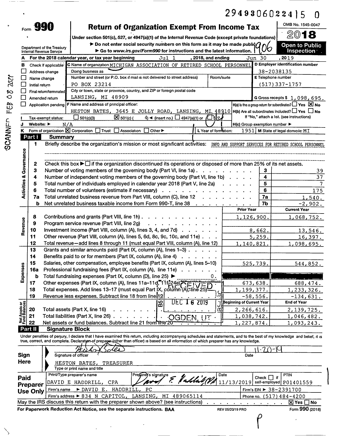 Image of first page of 2018 Form 990O for Michigan Association of Retired School Personnel (MARSP)