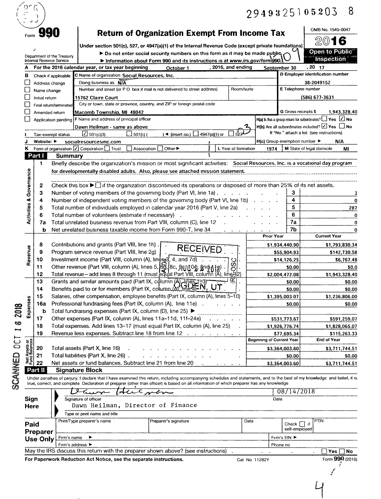 Image of first page of 2016 Form 990 for Social Resources Incorporated