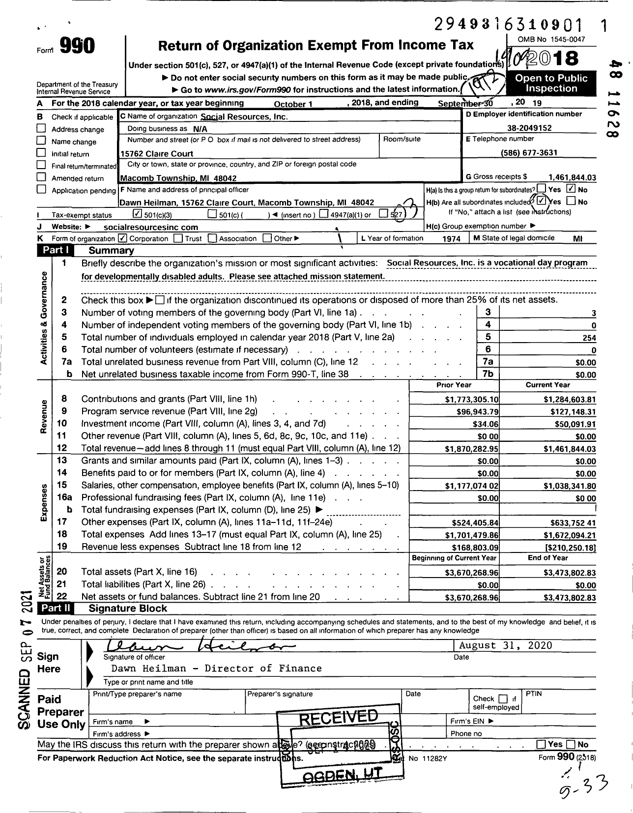 Image of first page of 2018 Form 990 for Social Resources Incorporated