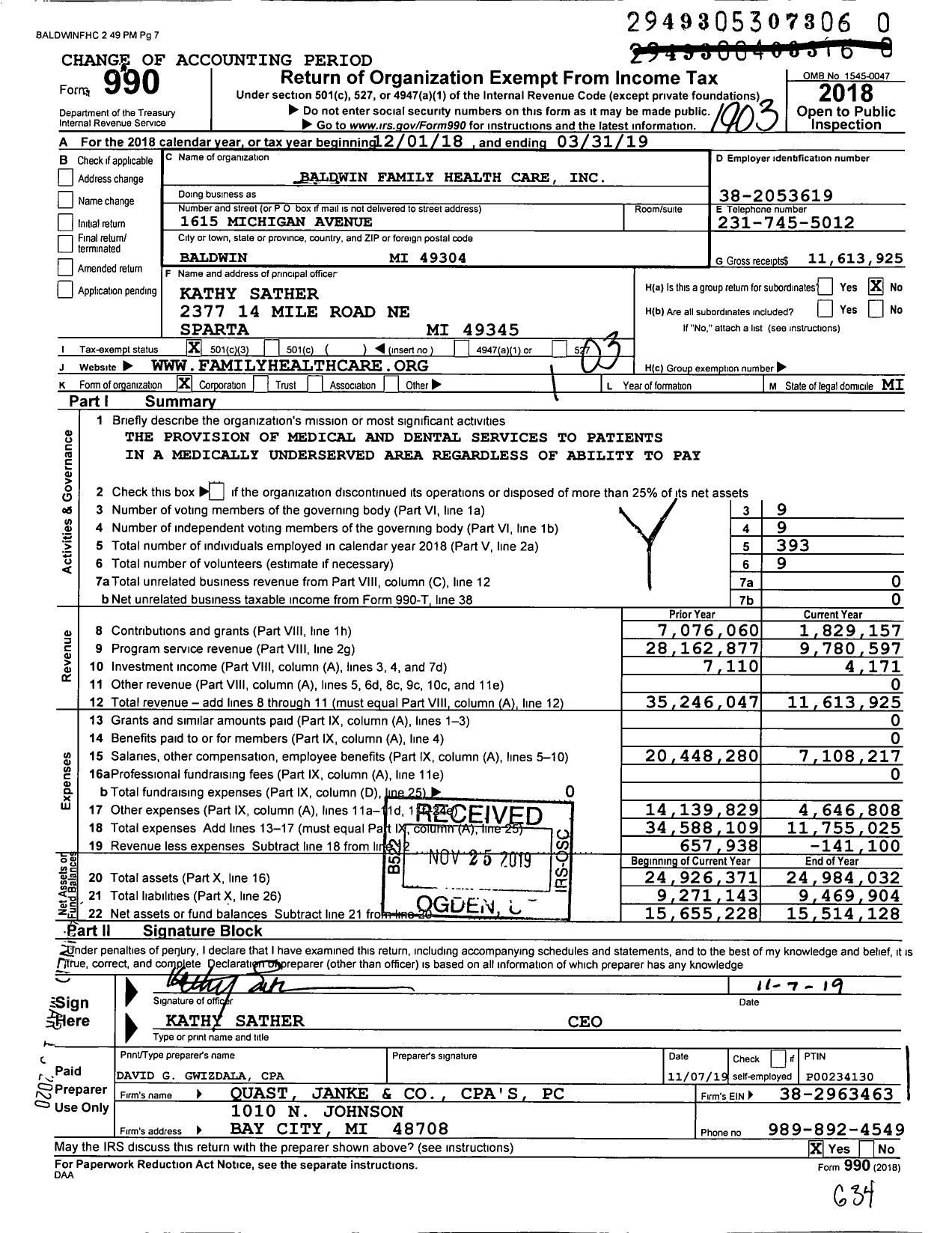 Image of first page of 2018 Form 990 for Baldwin Family Health Care