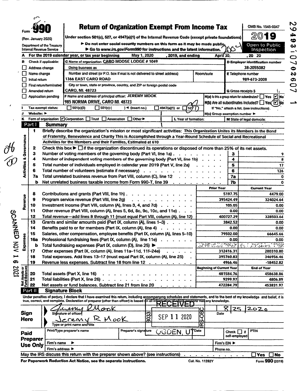 Image of first page of 2019 Form 990O for Loyal Order of Moose - Caro Moose Lodge 1049