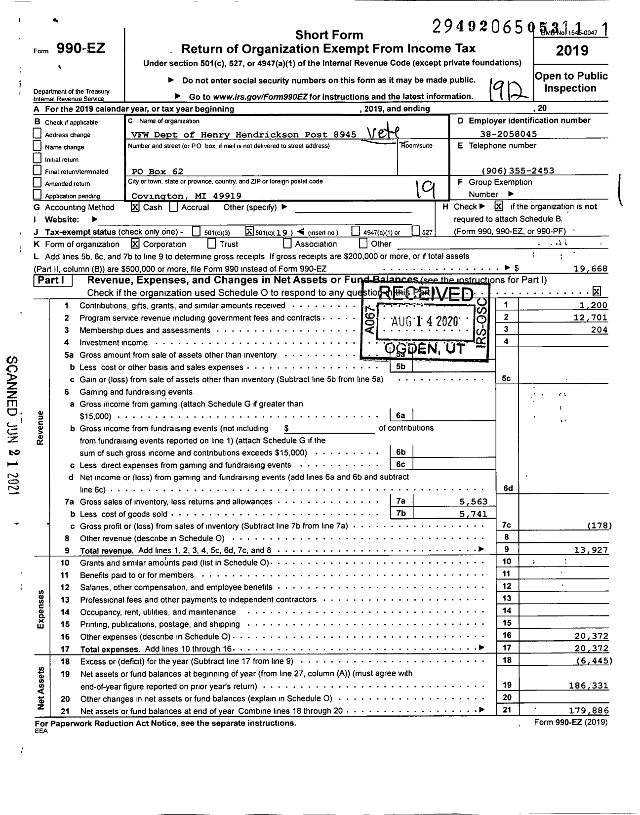 Image of first page of 2019 Form 990EO for VFW Department of Michigan - Dist 15 8945 Henry Hendrickson