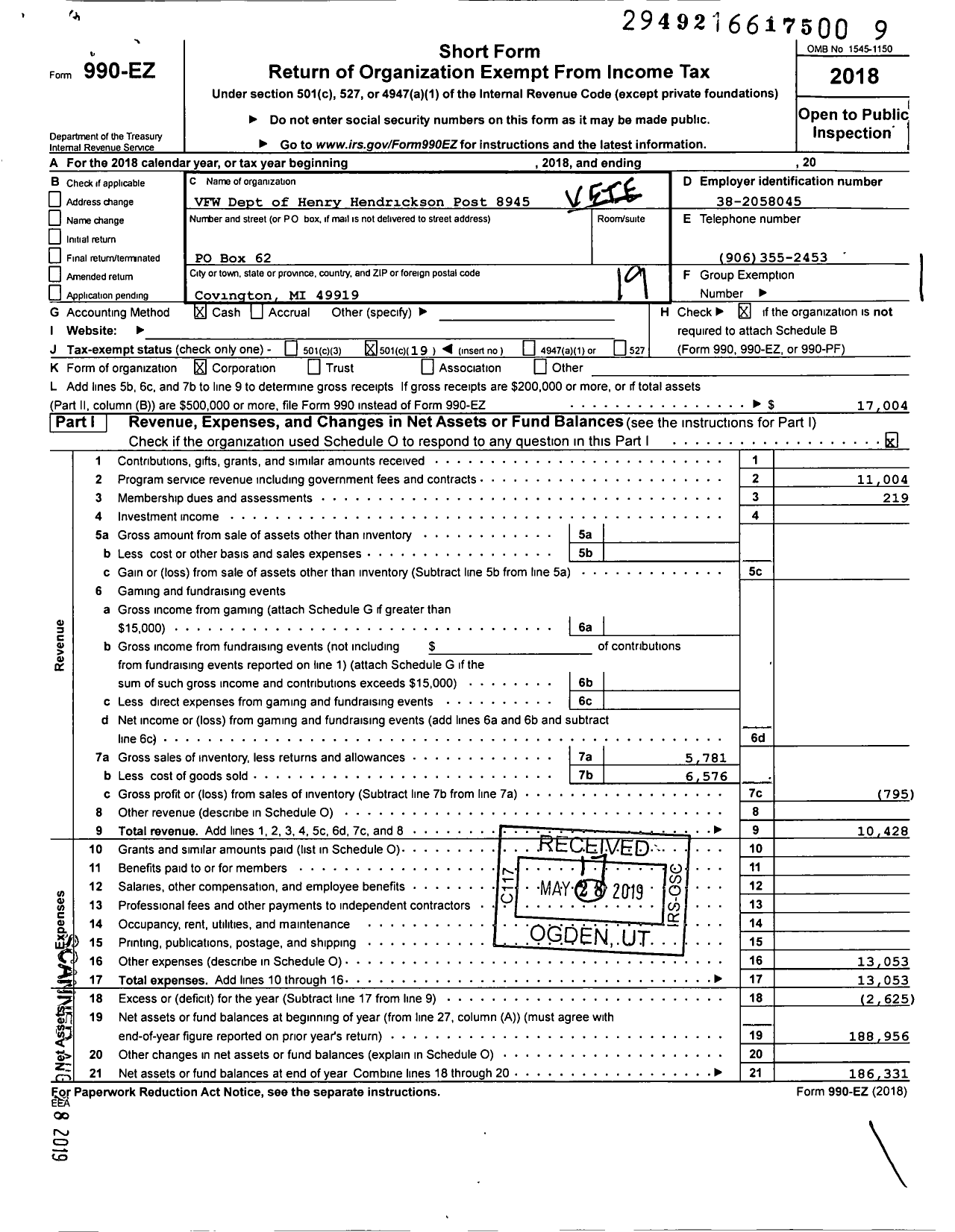 Image of first page of 2018 Form 990EO for VFW Department of Michigan - Dist 15 8945 Henry Hendrickson