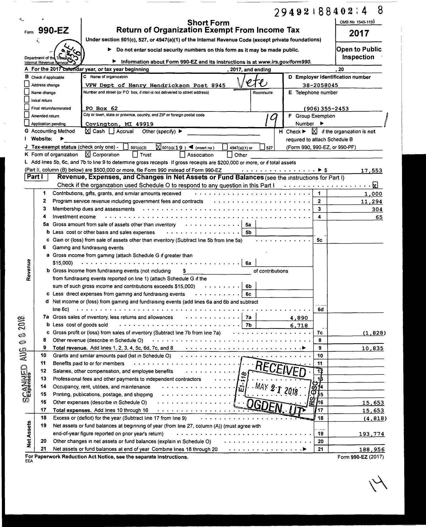 Image of first page of 2017 Form 990EO for VFW Department of Michigan - Dist 15 8945 Henry Hendrickson