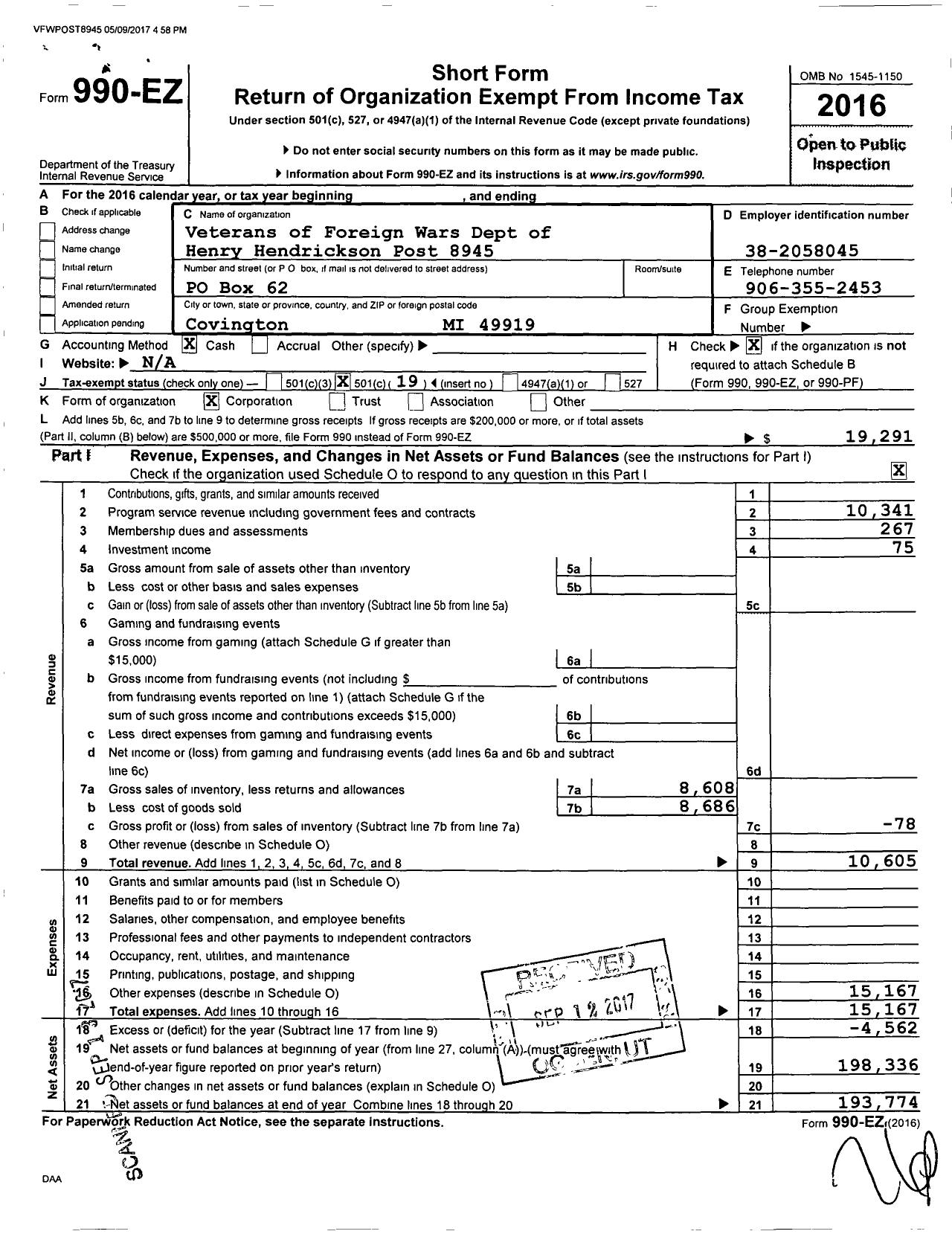 Image of first page of 2016 Form 990EO for VFW Department of Michigan - Dist 15 8945 Henry Hendrickson