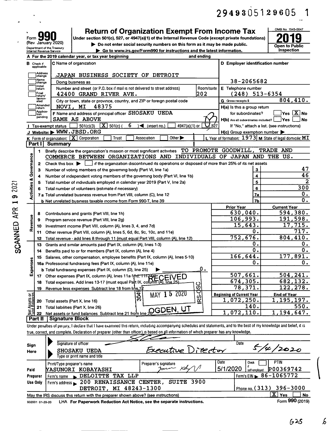 Image of first page of 2019 Form 990 for Japan Business Society of Detroit