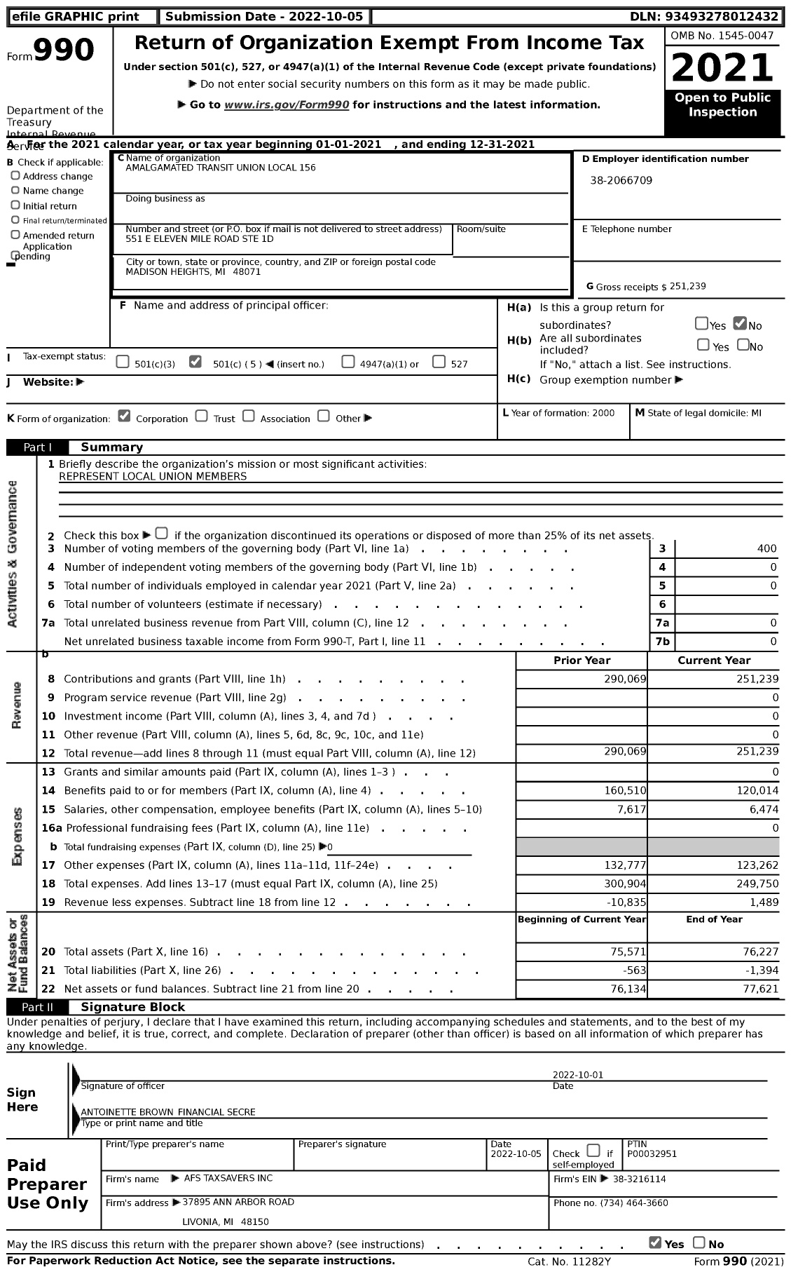 Image of first page of 2021 Form 990 for Amalgamated Transit Union - 1564 Local