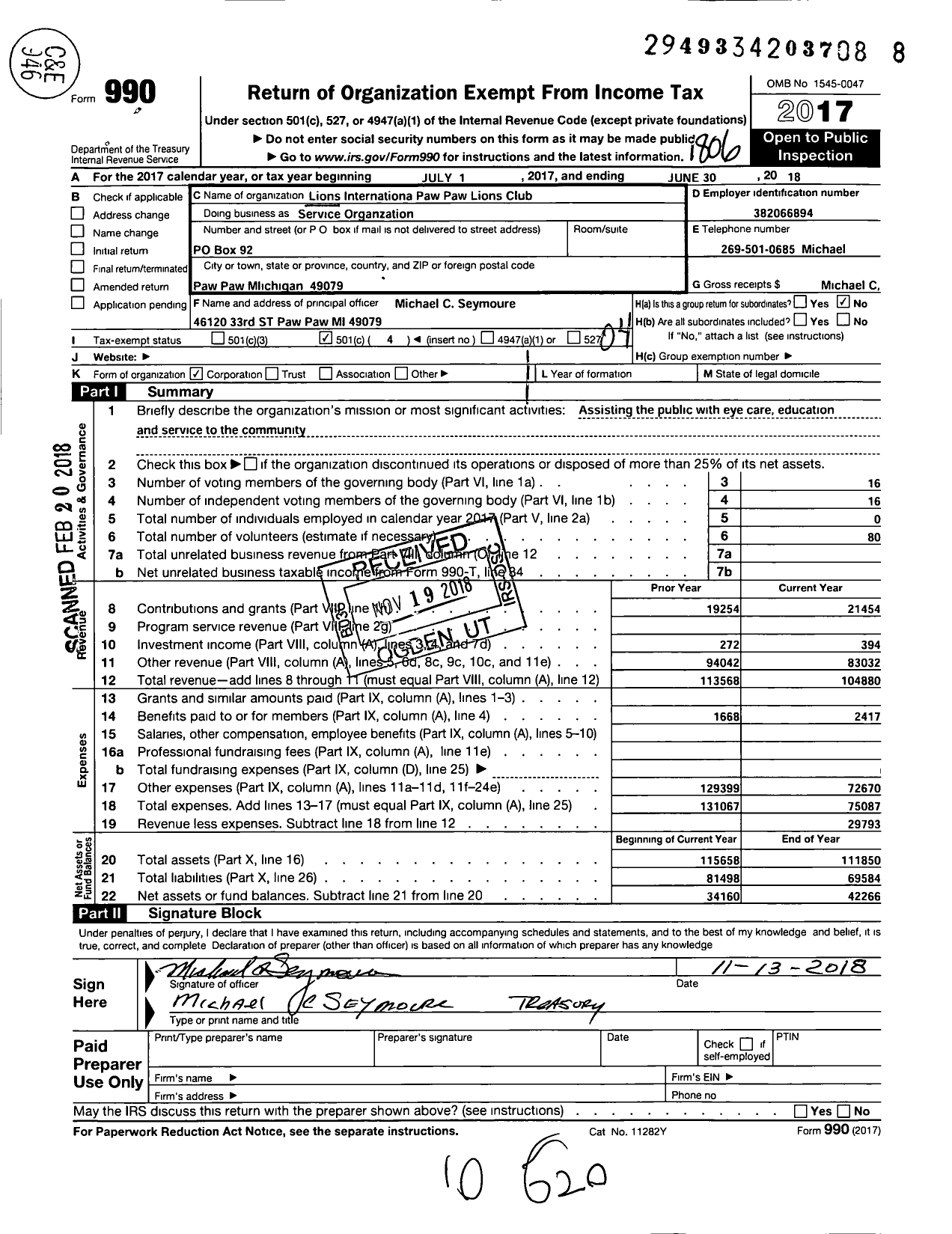 Image of first page of 2017 Form 990O for Lions Clubs - 4636 Paw Paw