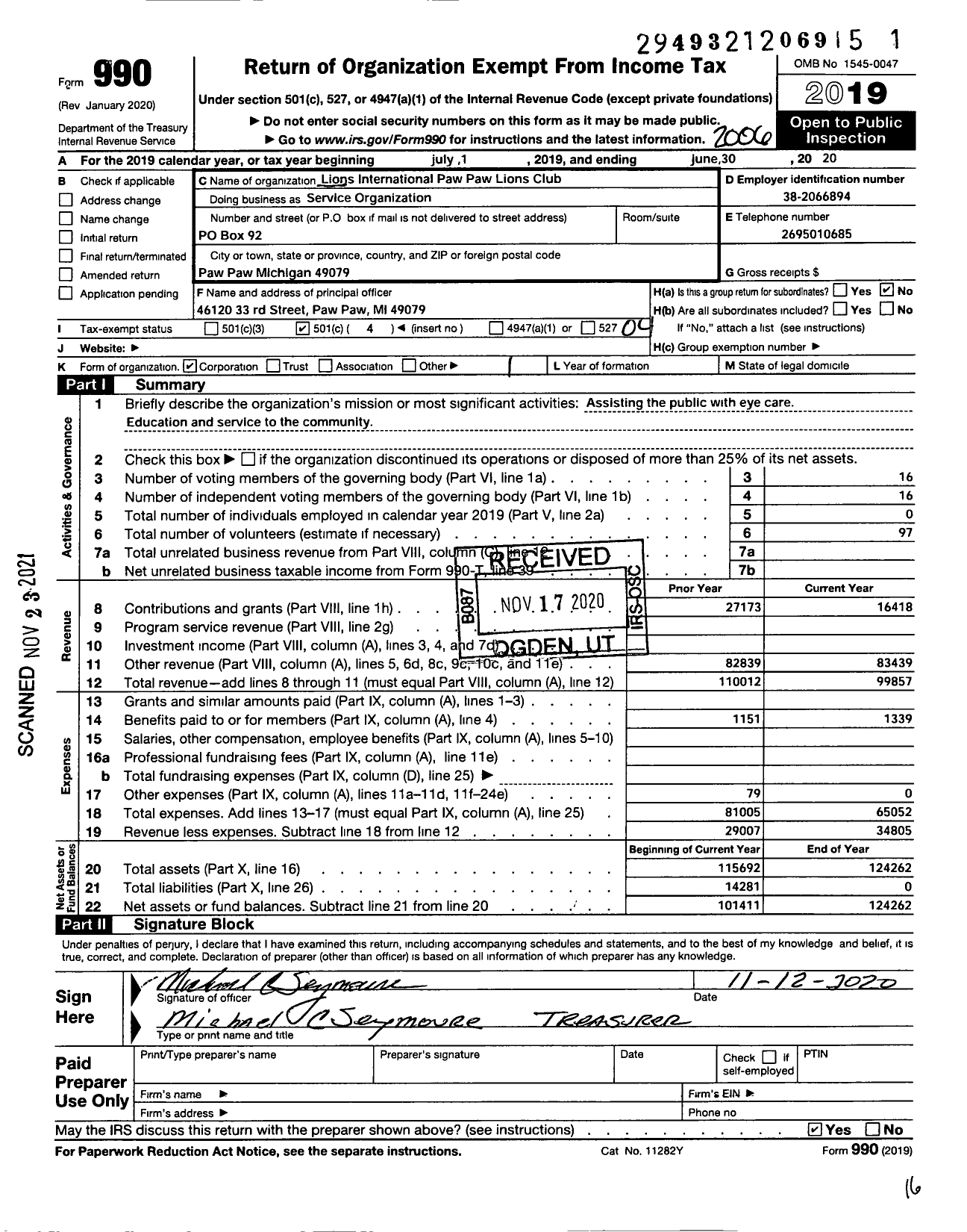 Image of first page of 2019 Form 990O for Lions Clubs - 4636 Paw Paw