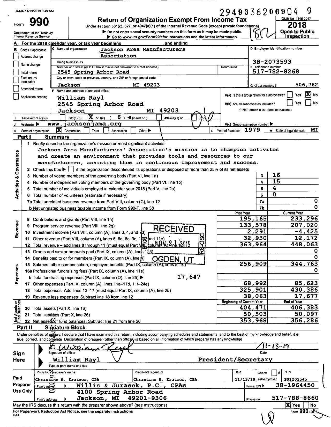 Image of first page of 2018 Form 990O for Jackson Area Manufacturers Association