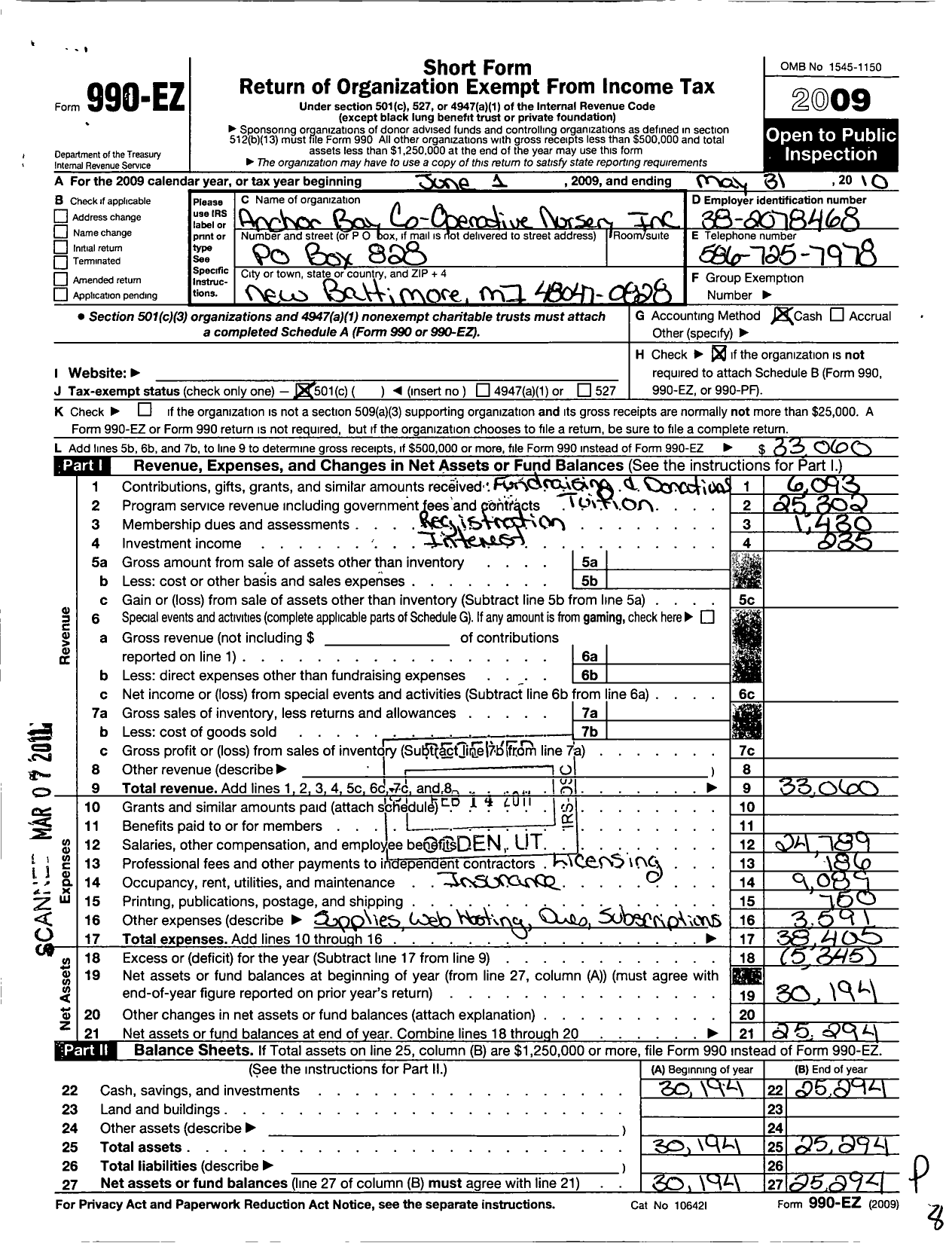 Image of first page of 2009 Form 990EO for Anchor Bay Co-Operative Nursery