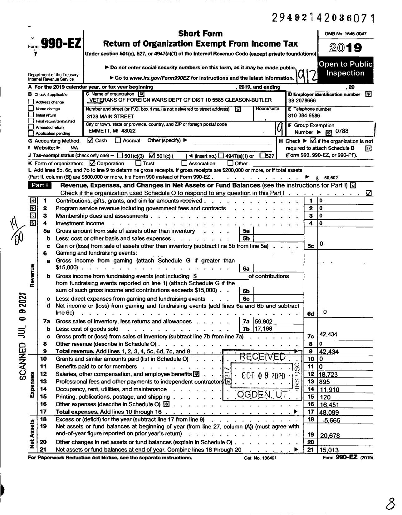 Image of first page of 2019 Form 990EO for VFW Department Of Michigan - Gleason Butler Sharpe Aux 5585