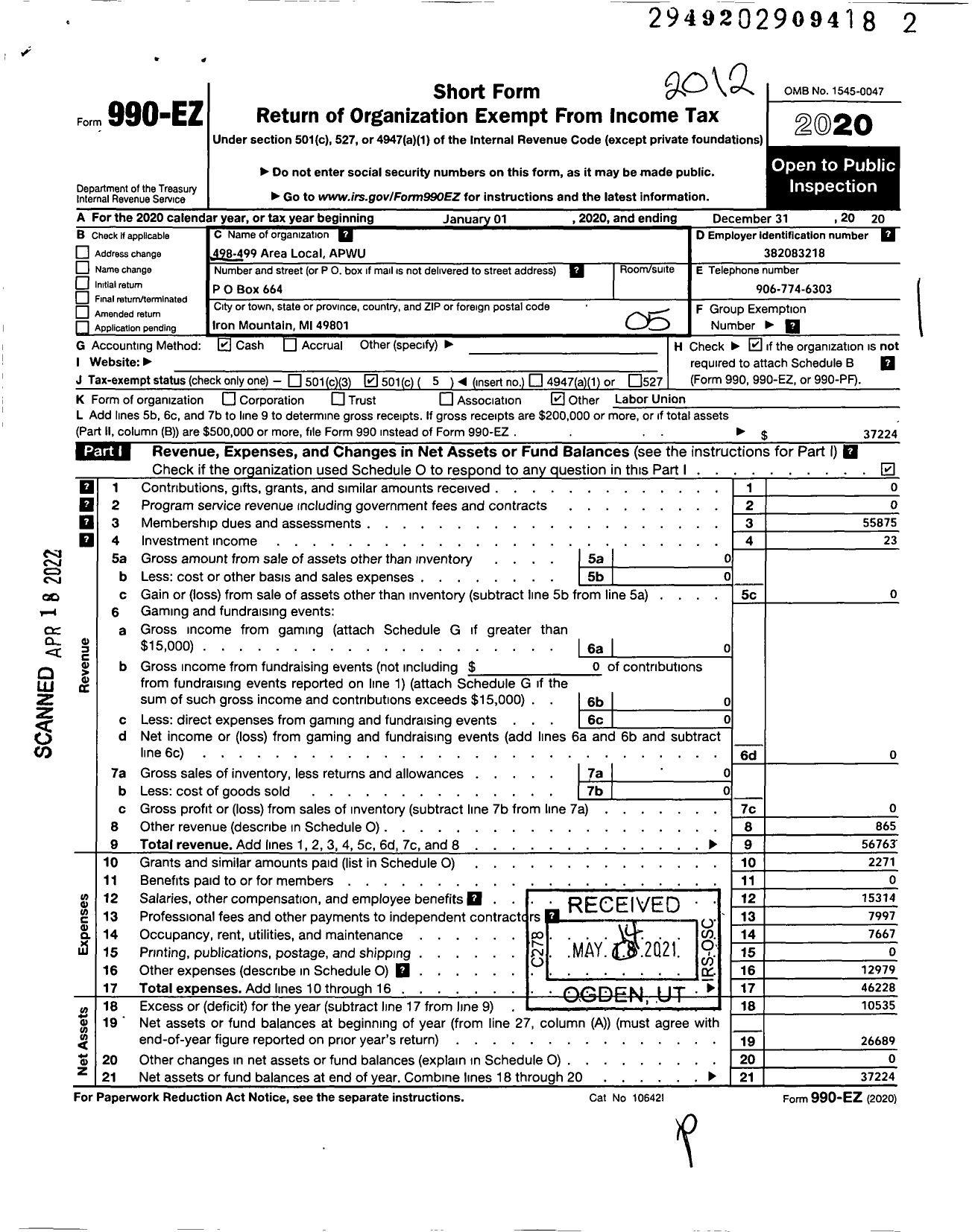 Image of first page of 2020 Form 990EO for AMERICAN POSTAL WORKERS UNION - 1189 498-499 Area Local