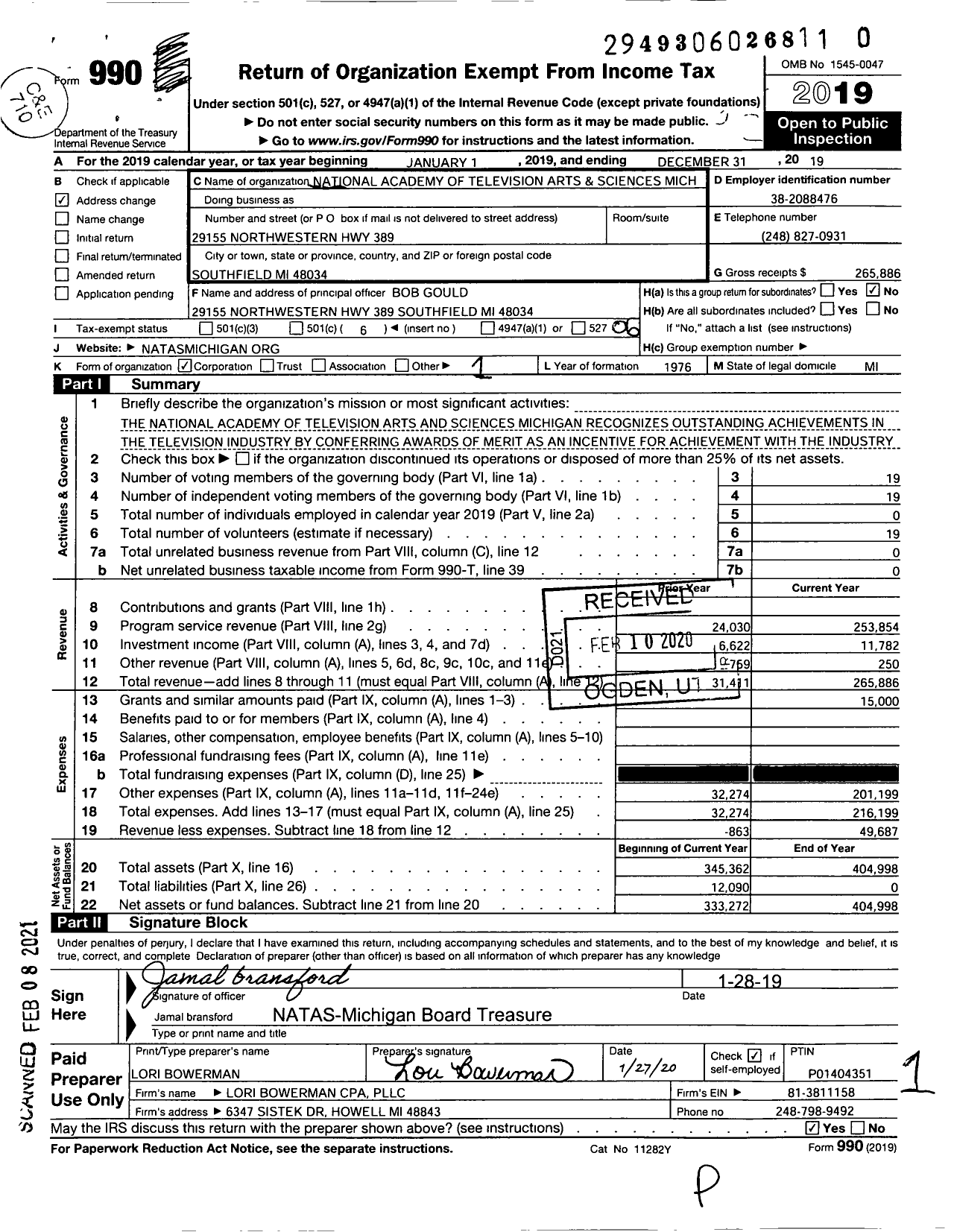 Image of first page of 2019 Form 990O for The National Academy of Television Arts and Sciences Michigan Chapter