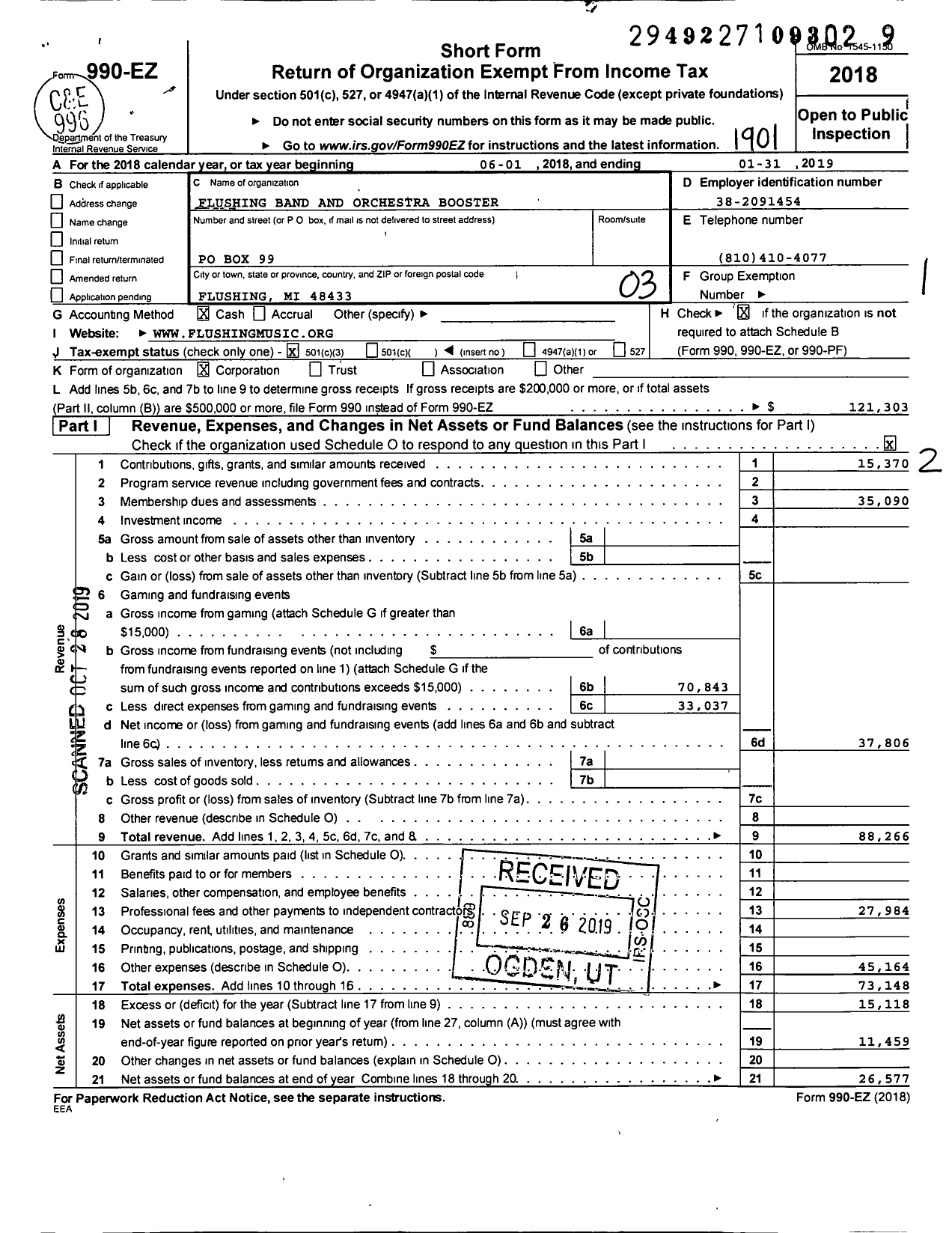 Image of first page of 2018 Form 990EZ for Flushing Band and Orchestra Booster