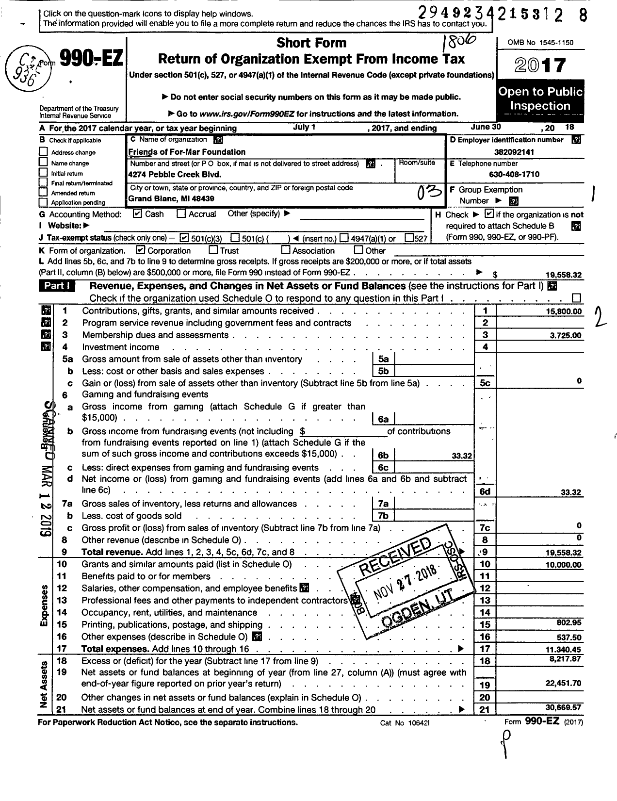 Image of first page of 2017 Form 990EZ for Friends of Formar Mar Foundation