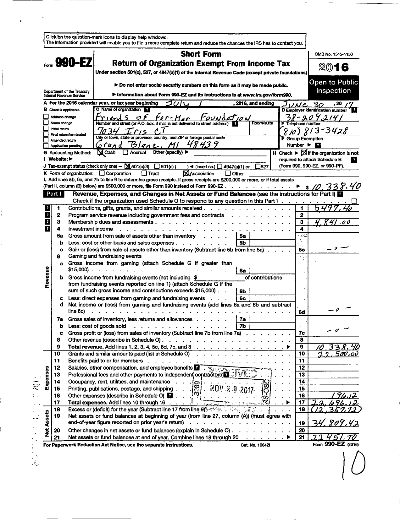 Image of first page of 2016 Form 990EZ for Friends of Formar Mar Foundation