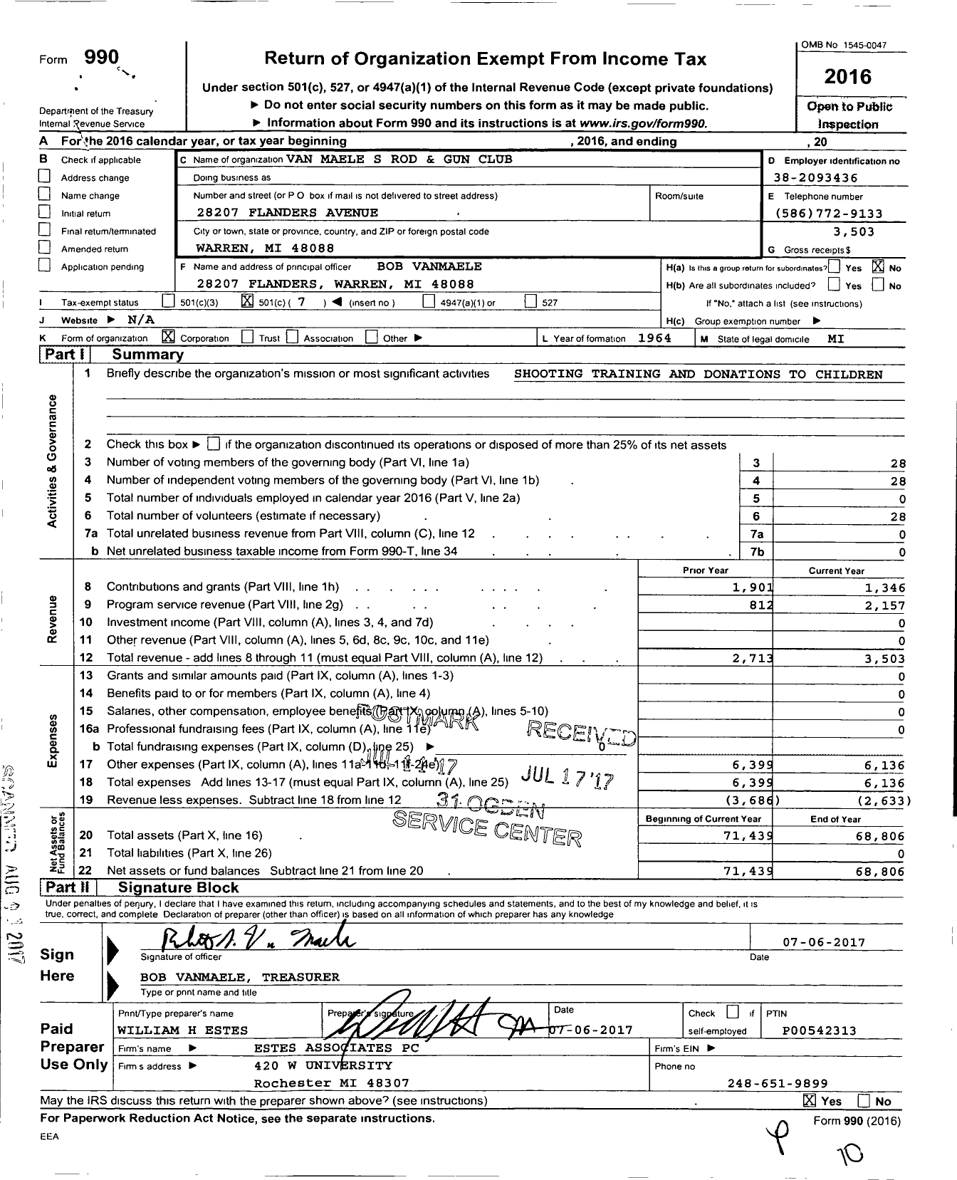 Image of first page of 2016 Form 990O for Van Maele S Rod and Gun Club