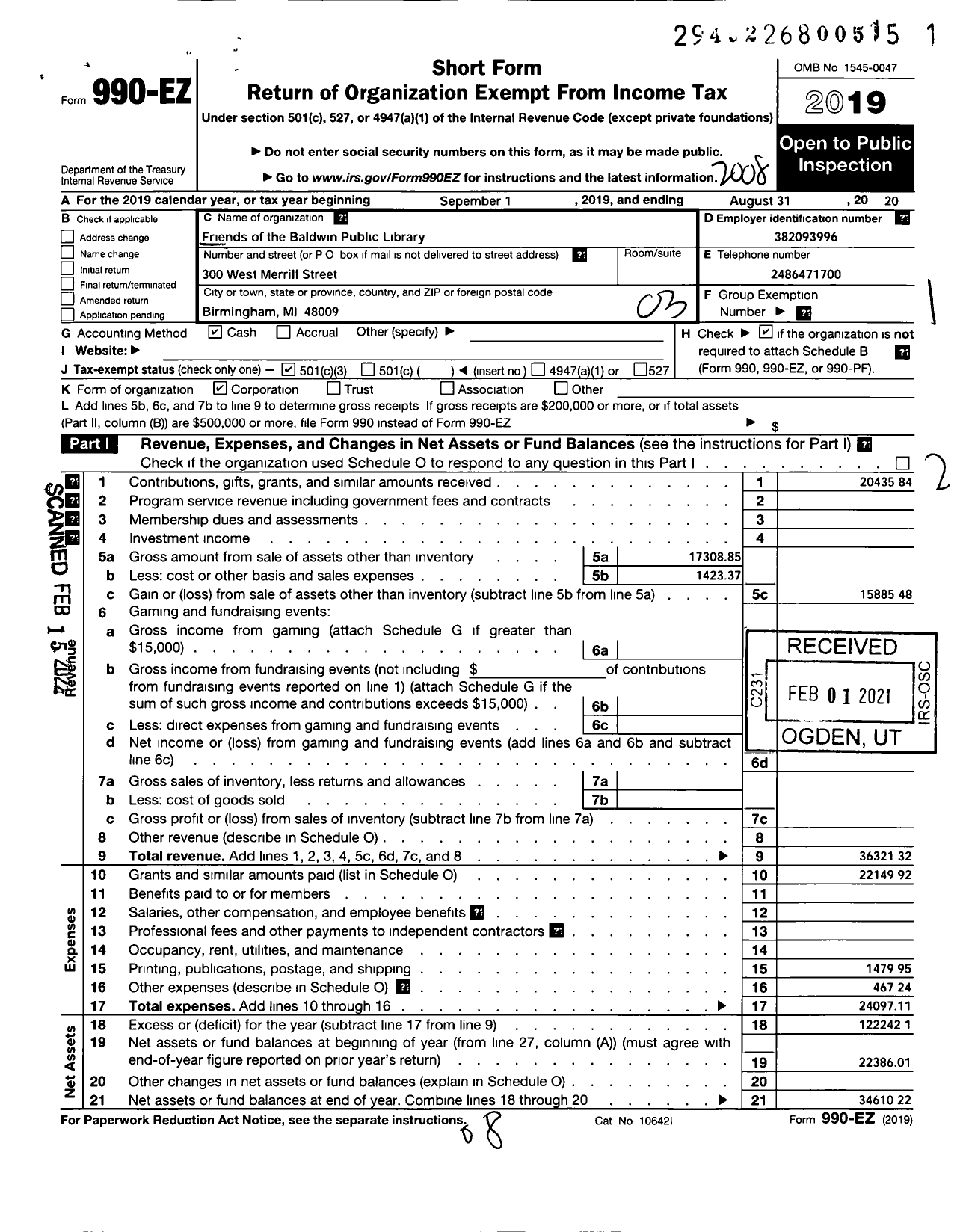 Image of first page of 2019 Form 990EZ for Friends of the Baldwin Public Library