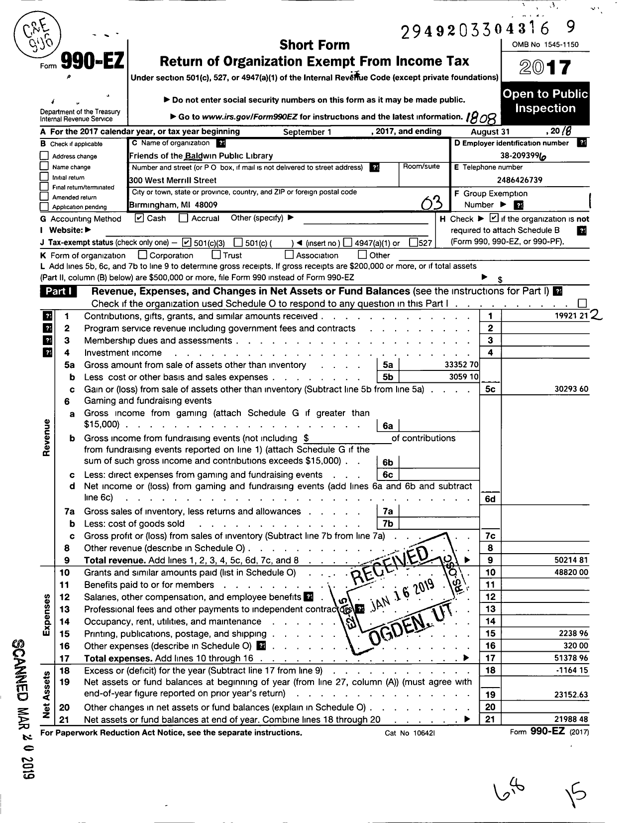 Image of first page of 2017 Form 990EZ for Friends of the Baldwin Public Library