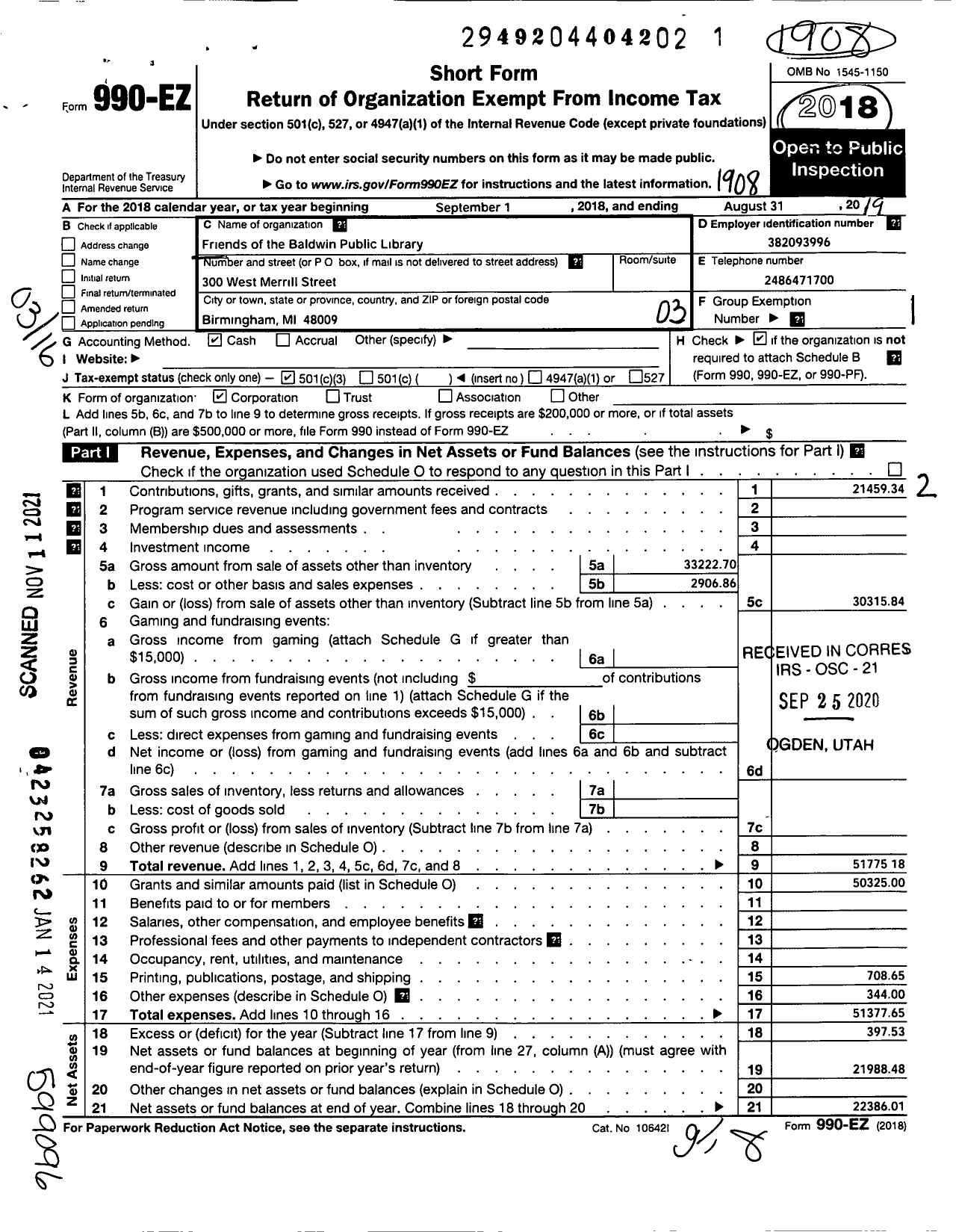 Image of first page of 2018 Form 990EZ for Friends of the Baldwin Public Library