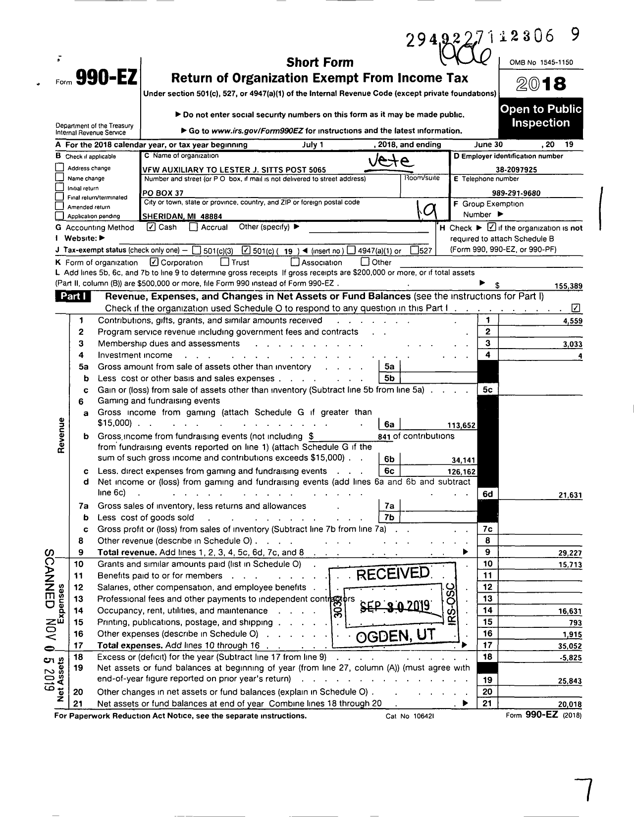 Image of first page of 2018 Form 990EO for VFW Auxiliary To Sitts-Halvorsen Post 5065 - 5065 VFW Auxiliary Sitts Halvorsen