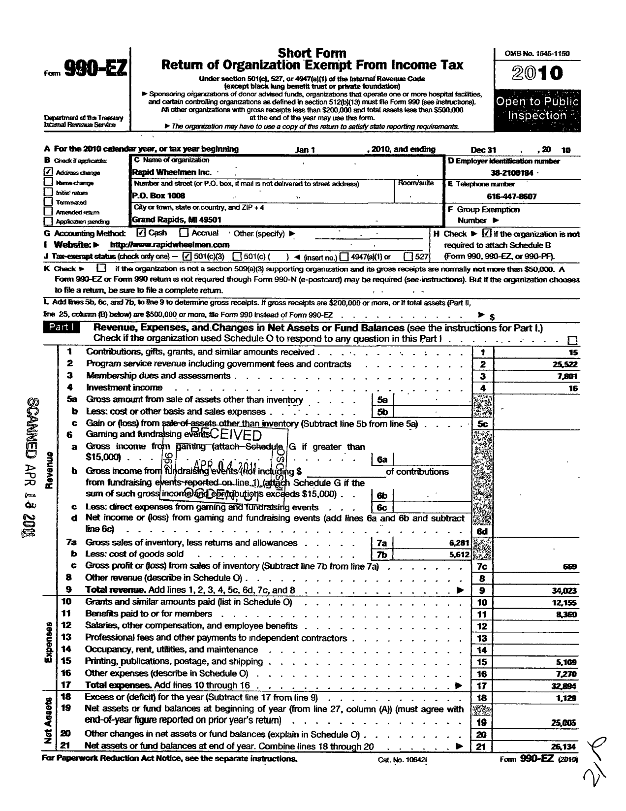 Image of first page of 2010 Form 990EZ for Rapid Wheelmen