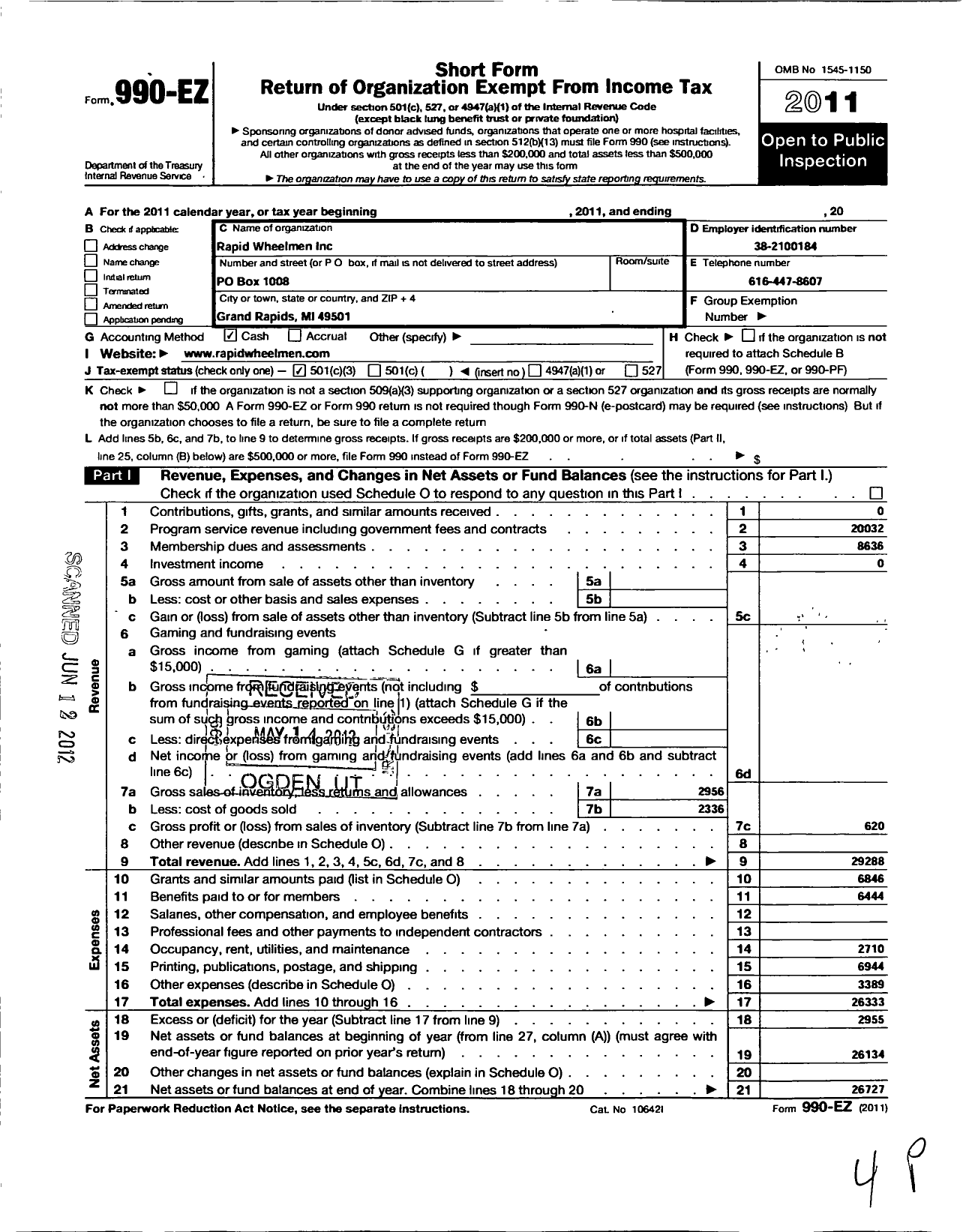 Image of first page of 2011 Form 990EZ for Rapid Wheelmen