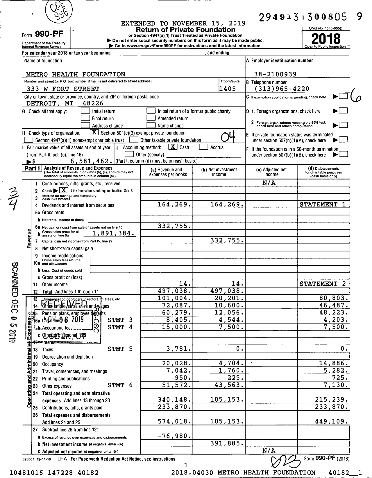 Image of first page of 2018 Form 990PF for Metro Health Foundation