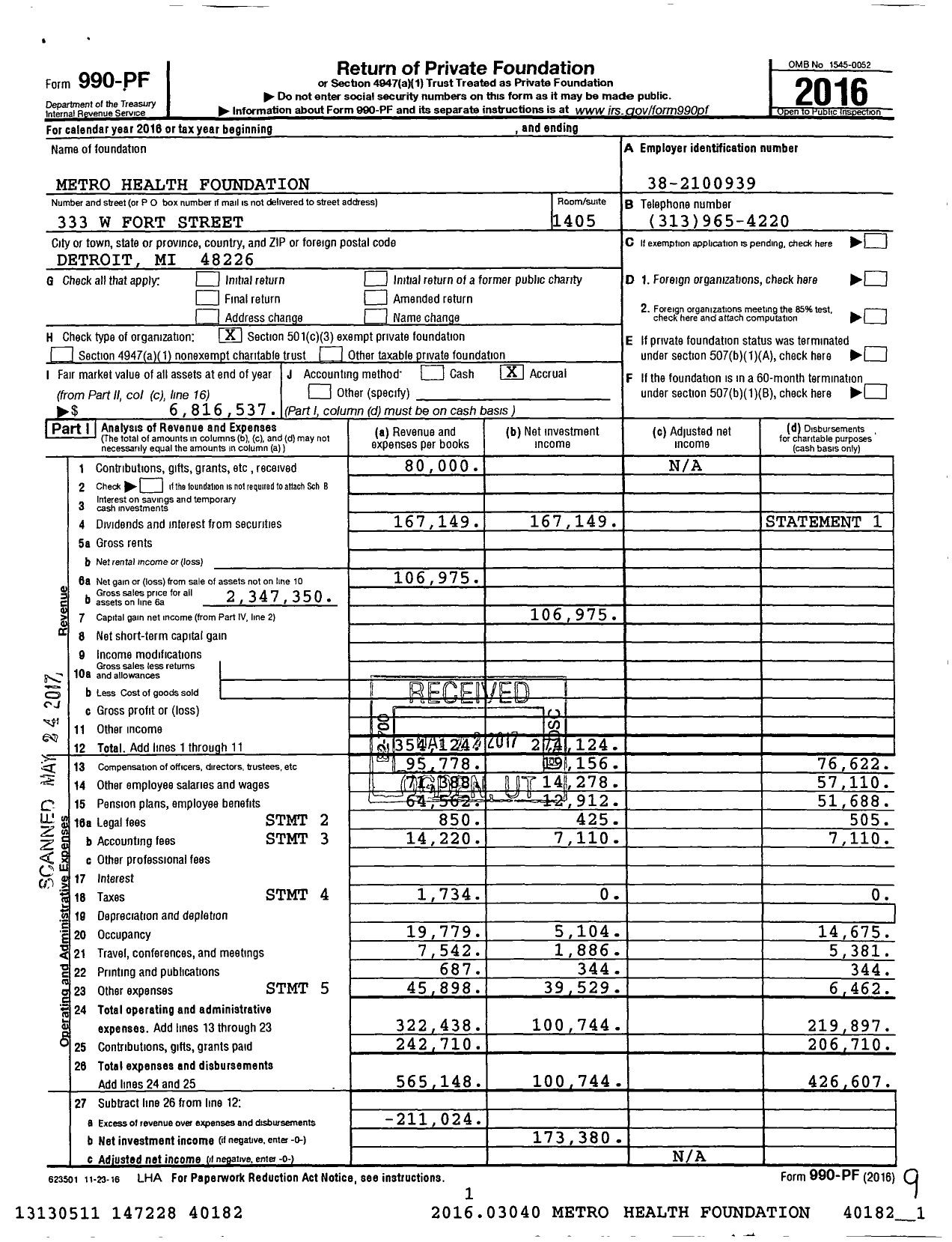 Image of first page of 2016 Form 990PF for Metro Health Foundation