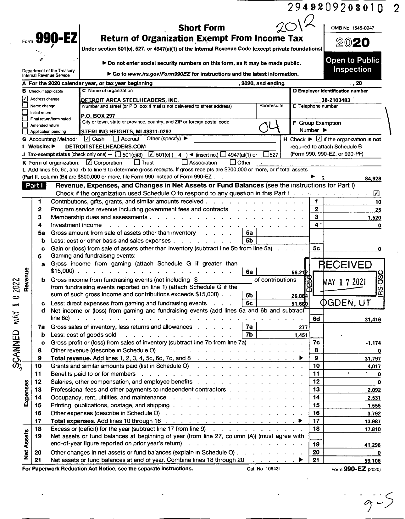 Image of first page of 2020 Form 990EO for Detroit Area Steelheaders