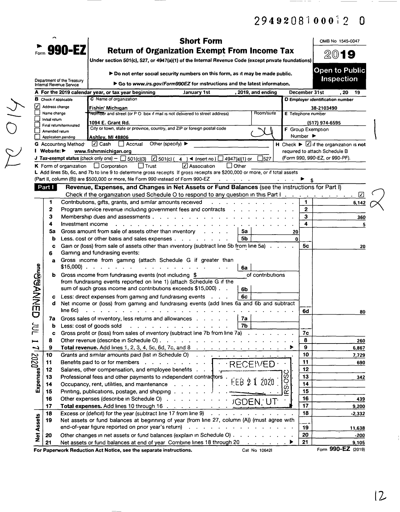 Image of first page of 2019 Form 990EO for Fishin Michigan