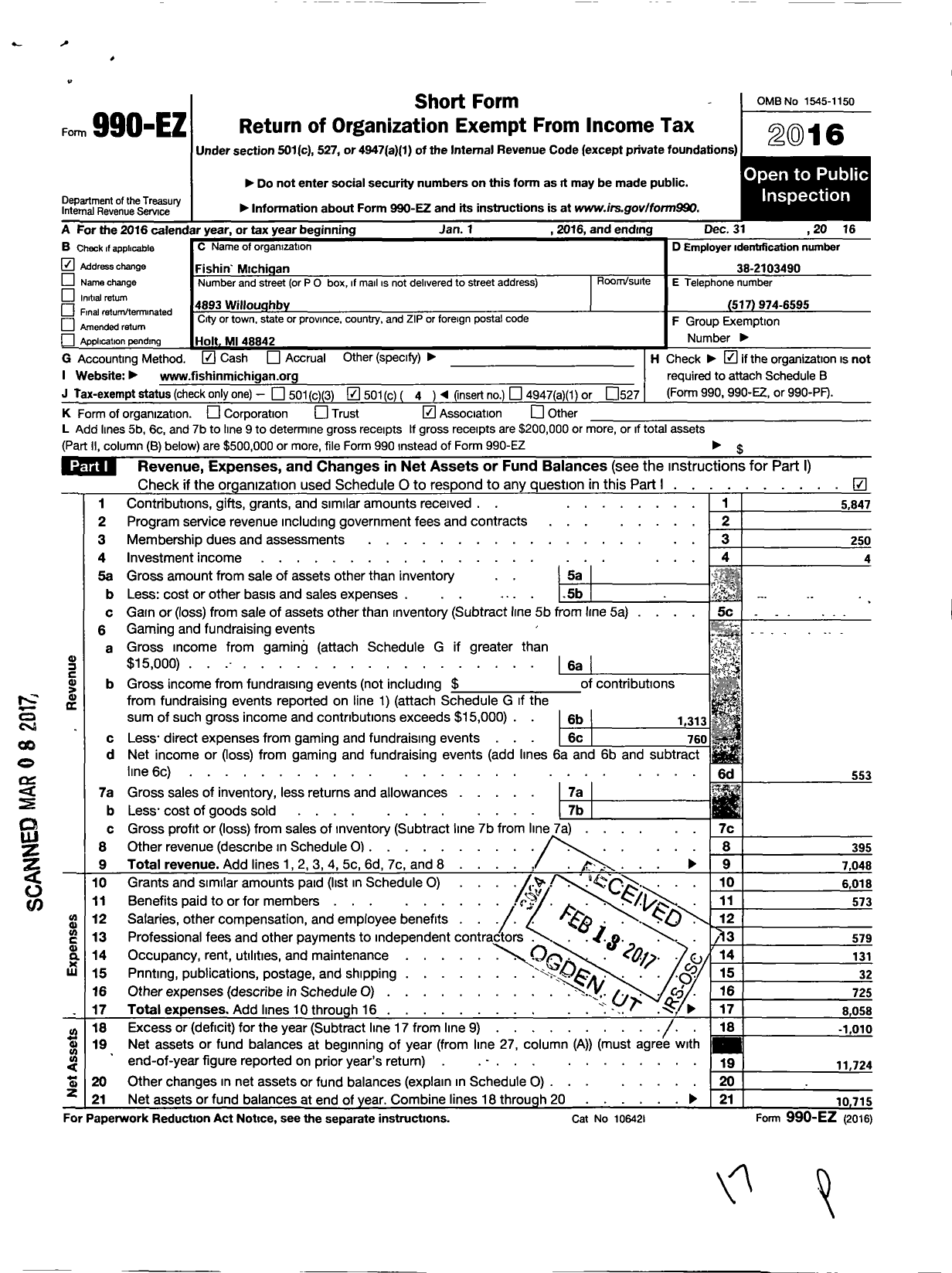 Image of first page of 2016 Form 990EO for Fishin Michigan