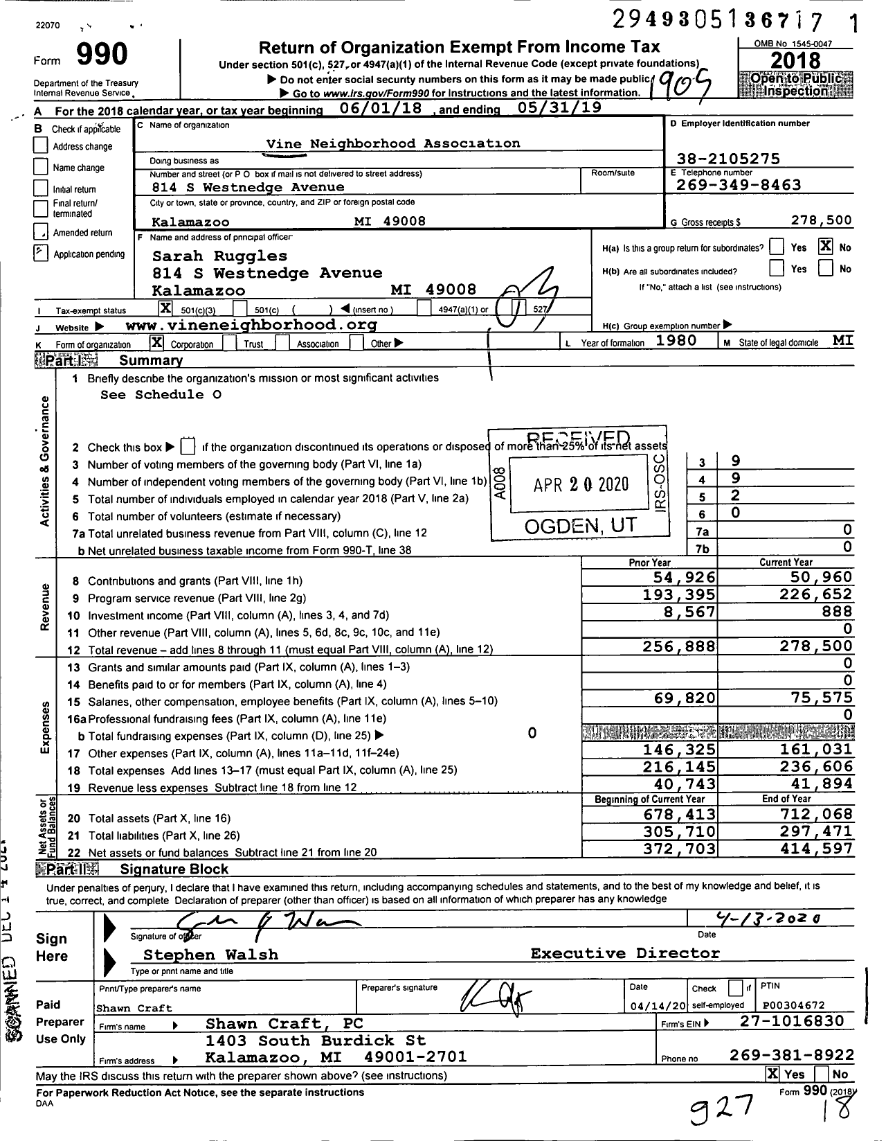 Image of first page of 2018 Form 990 for Vine Neighborhood Association