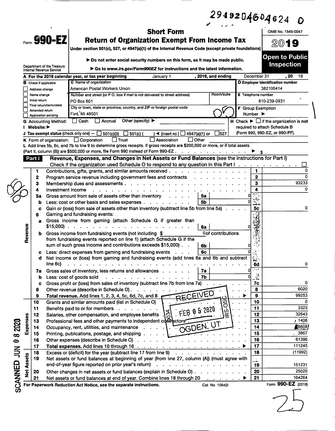 Image of first page of 2019 Form 990EO for American Postal Workers Union - 271 Flint Michigan Area Local