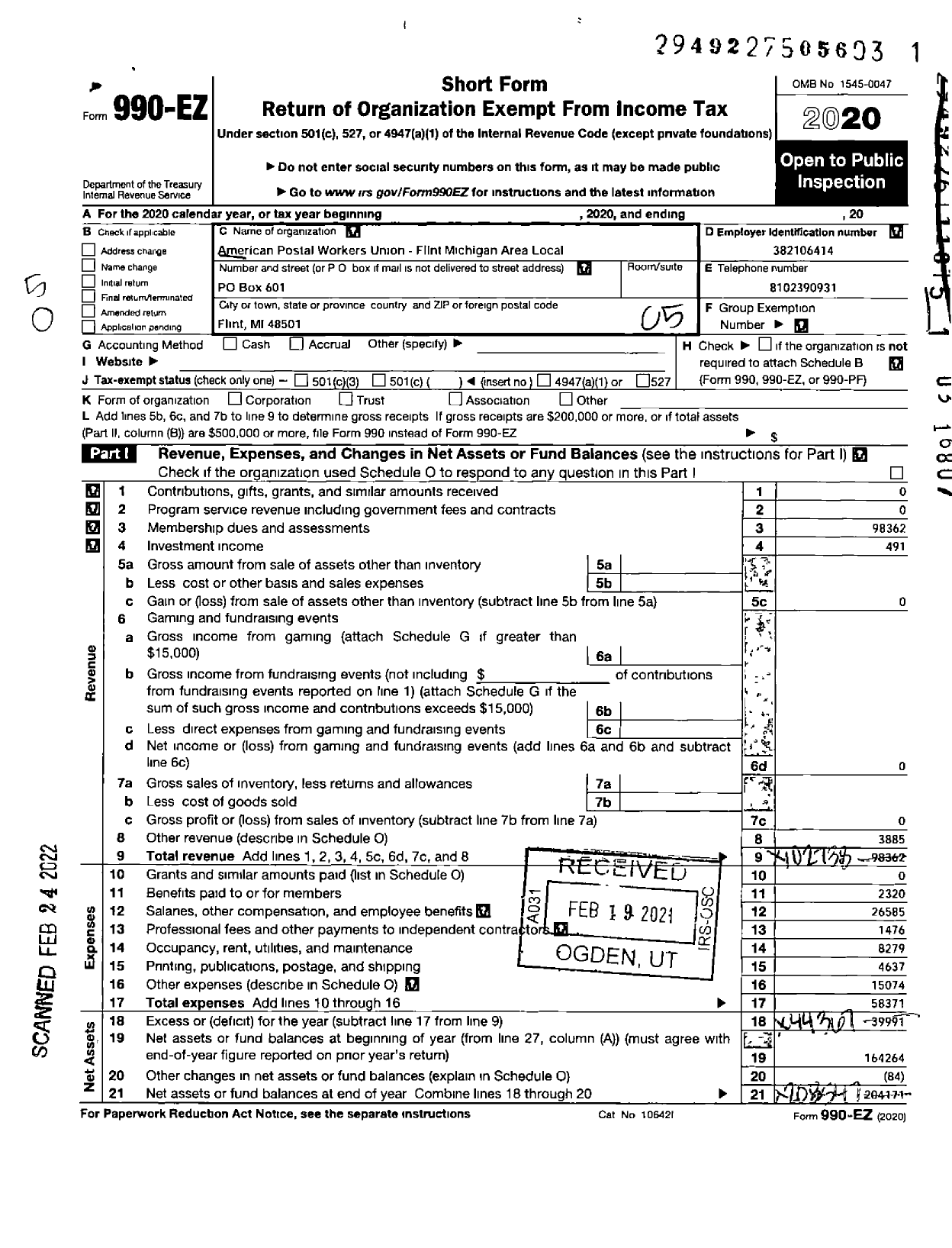 Image of first page of 2020 Form 990EO for American Postal Workers Union - 271 Flint Michigan Area Local