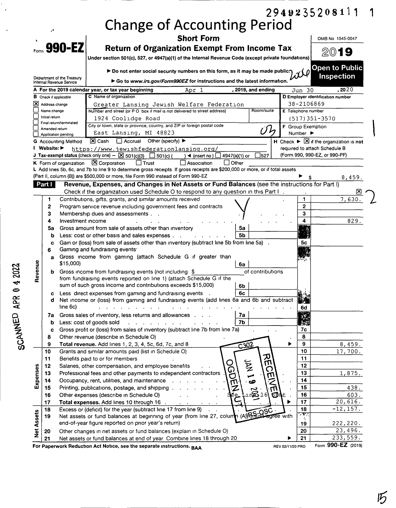 Image of first page of 2019 Form 990EZ for Greater Lansing Jewish Welfare Federation