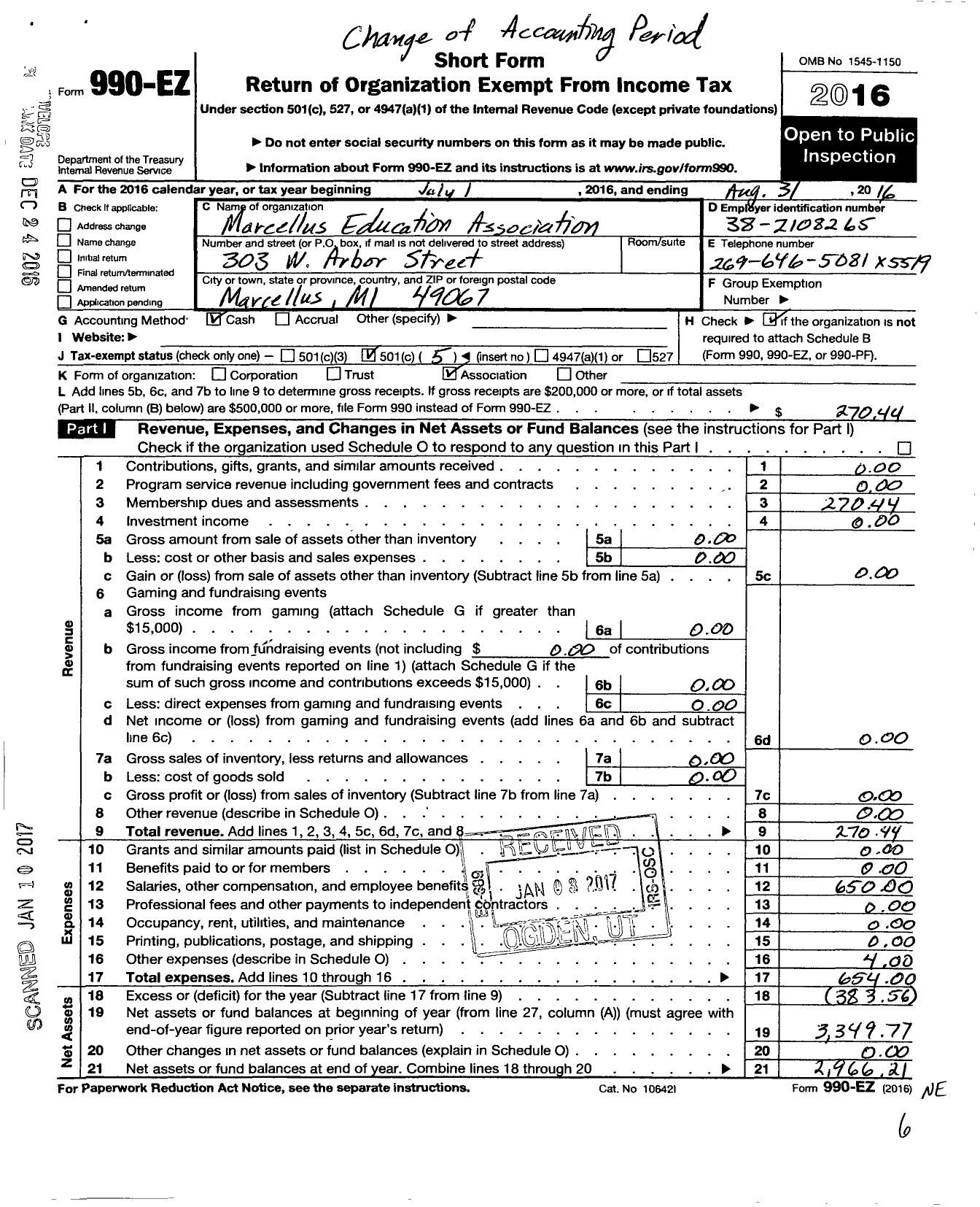 Image of first page of 2015 Form 990EO for Marcellus Education Association