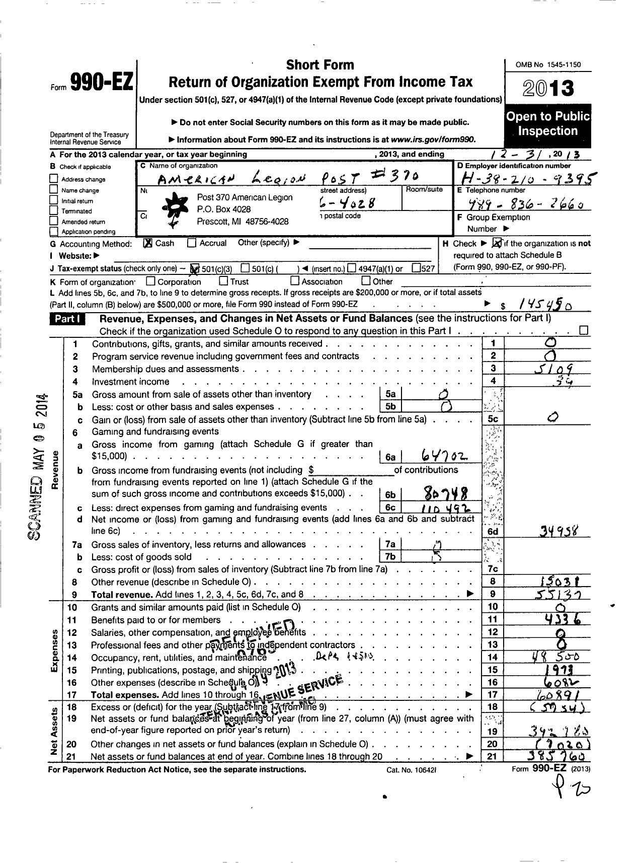 Image of first page of 2013 Form 990EZ for American Legion Post 370