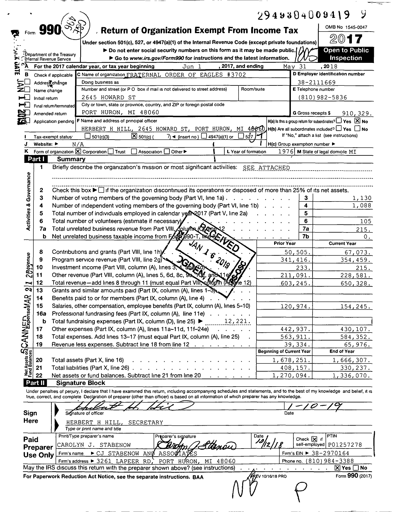 Image of first page of 2017 Form 990O for Fraternal Order of Eagles - 3702 Aerie