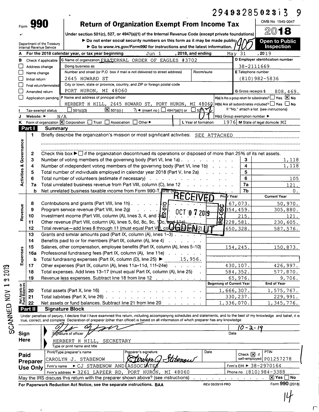 Image of first page of 2018 Form 990O for Fraternal Order of Eagles - 3702 Aerie