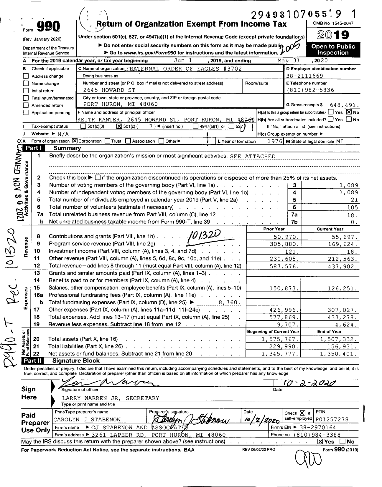 Image of first page of 2019 Form 990O for Fraternal Order of Eagles - 3702 Aerie