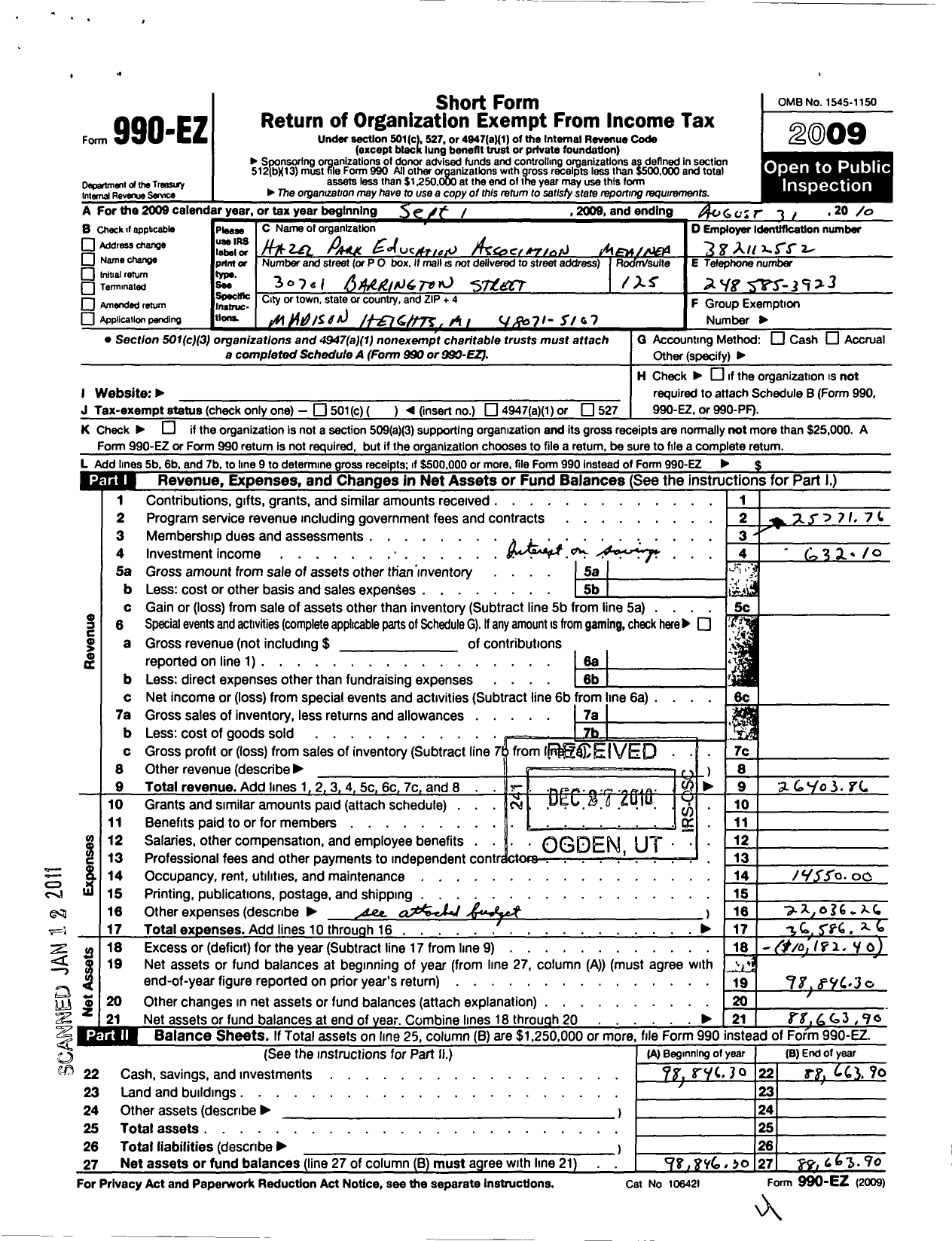 Image of first page of 2009 Form 990EO for Hazel Park Education Association / Mea / Nea